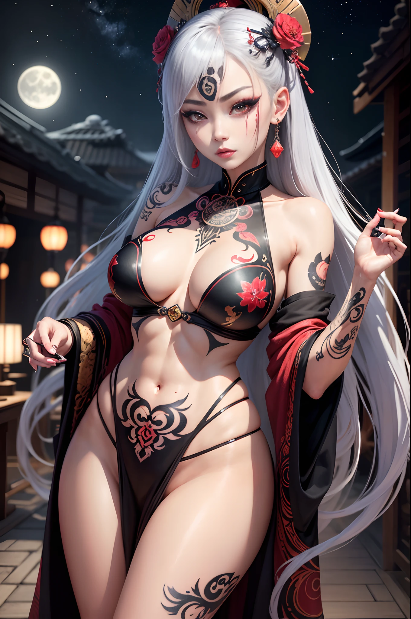 rage、Confusion state、Beautiful moon、Perfect Moon、Perfect starry sky, gts, High Details, The ultra-detailliert, Ultra-fine detail painting,(full bodyesbian)、Asian super beautiful woman in Oiran costume(Face like the real thing)　Tattoos around the eyes、 (One lady),8k,numerous piercings in the ears、A lot of piercings on the face、body piercings、face tattoos、Tattoos around the eyes、cabelos preto e longos、Red and white and gold kimono,Breast opening、largeeyes、(long eyeslashes:1.3)、 (very long eyelashes), Ethnic tattoos, (Tattoos that cover the whole body), (lots of tattoos), Tattoos on the chest, arm tattoos, finger tattoo, (Tattoos all over the chest), Beautiful features, Neutral facial features、moon light　花魁　enticing　Watch Invite Your Audience