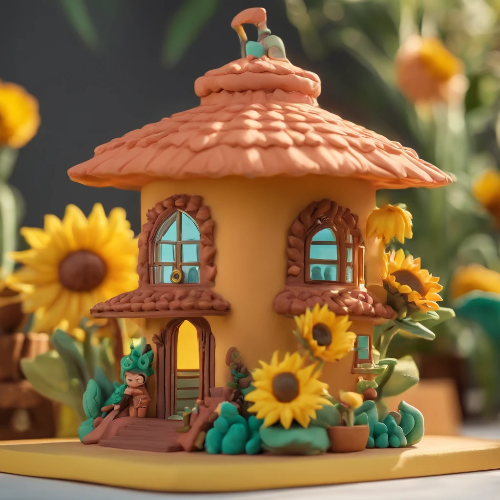 Sunflower House Gloria Studio, The garden is full of sunflowers, Clay material, Cartoonish design style, POP MART, Soft lighting, smooth lines, Tilt-shift lens, Detailed sci-fi illustrations, super realistic details, warm color