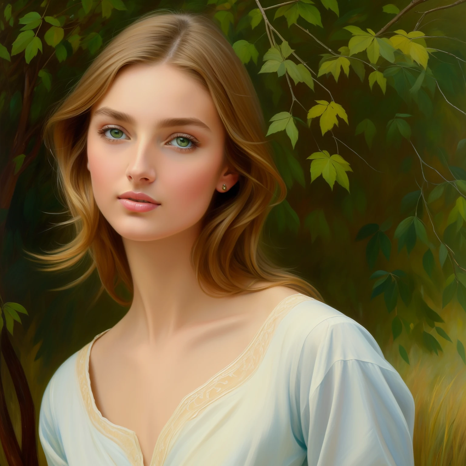 Nikolay Yaroshenko artist painting, light brown blonde 1woman thin hair bob, andreea diaconu, slender, graceful figure, femininity, paint strokes, painting, 19 century, green eyes, blue shirt, natural landscape background, classic painting, tretyakov gallery, classic portrait, natural color, artistic brushstrokes