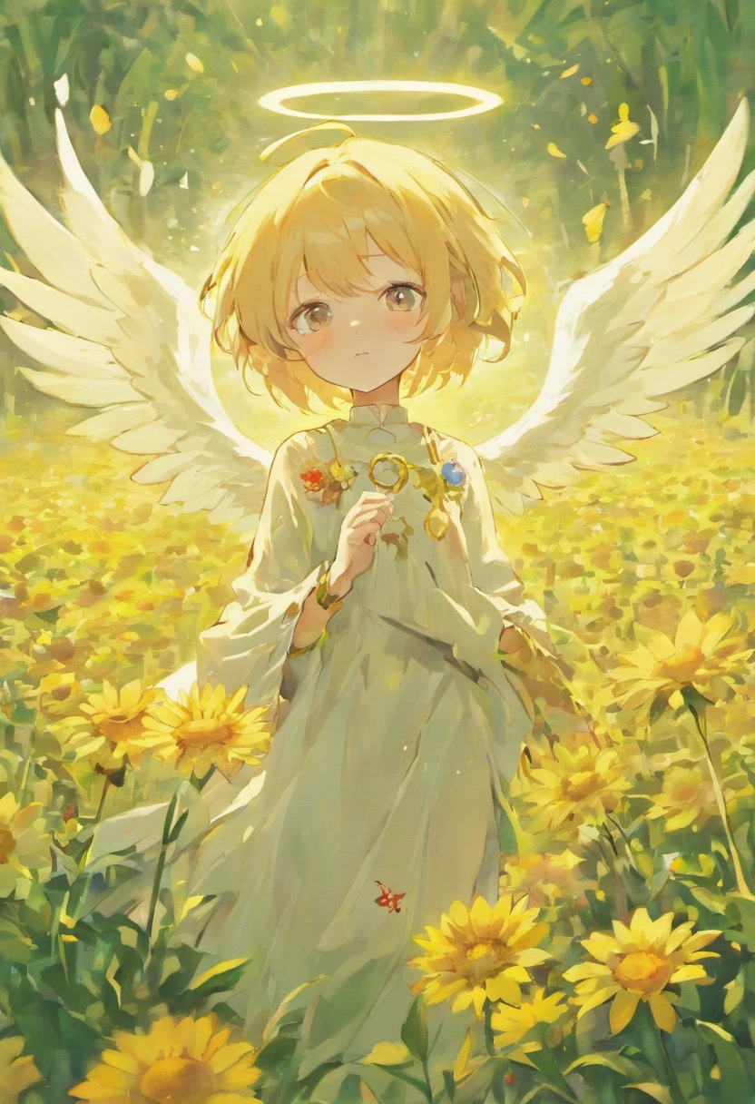 Anime boy with white wings and halo in a flower field, beautiful angel, Angel Boy, Guviz-style artwork, Guweiz in Pixiv ArtStation, guweiz masterpiece, Portrait of a beautiful angel, beautiful fantasy anime, beautiful angel, full - body majestic angel