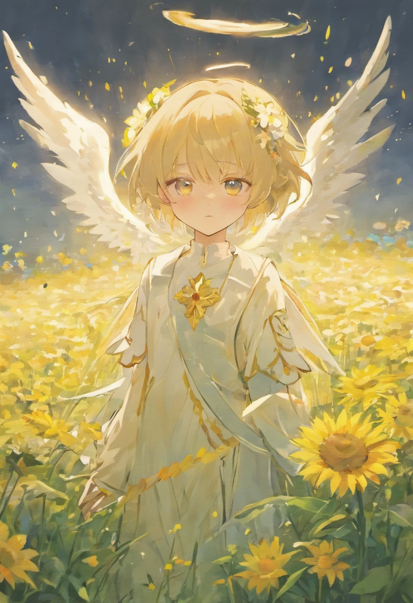 Anime boy with white wings and halo in a flower field, beautiful angel, Angel Boy, Guviz-style artwork, Guweiz in Pixiv ArtStation, guweiz masterpiece, Portrait of a beautiful angel, beautiful fantasy anime, beautiful angel, full - body majestic angel