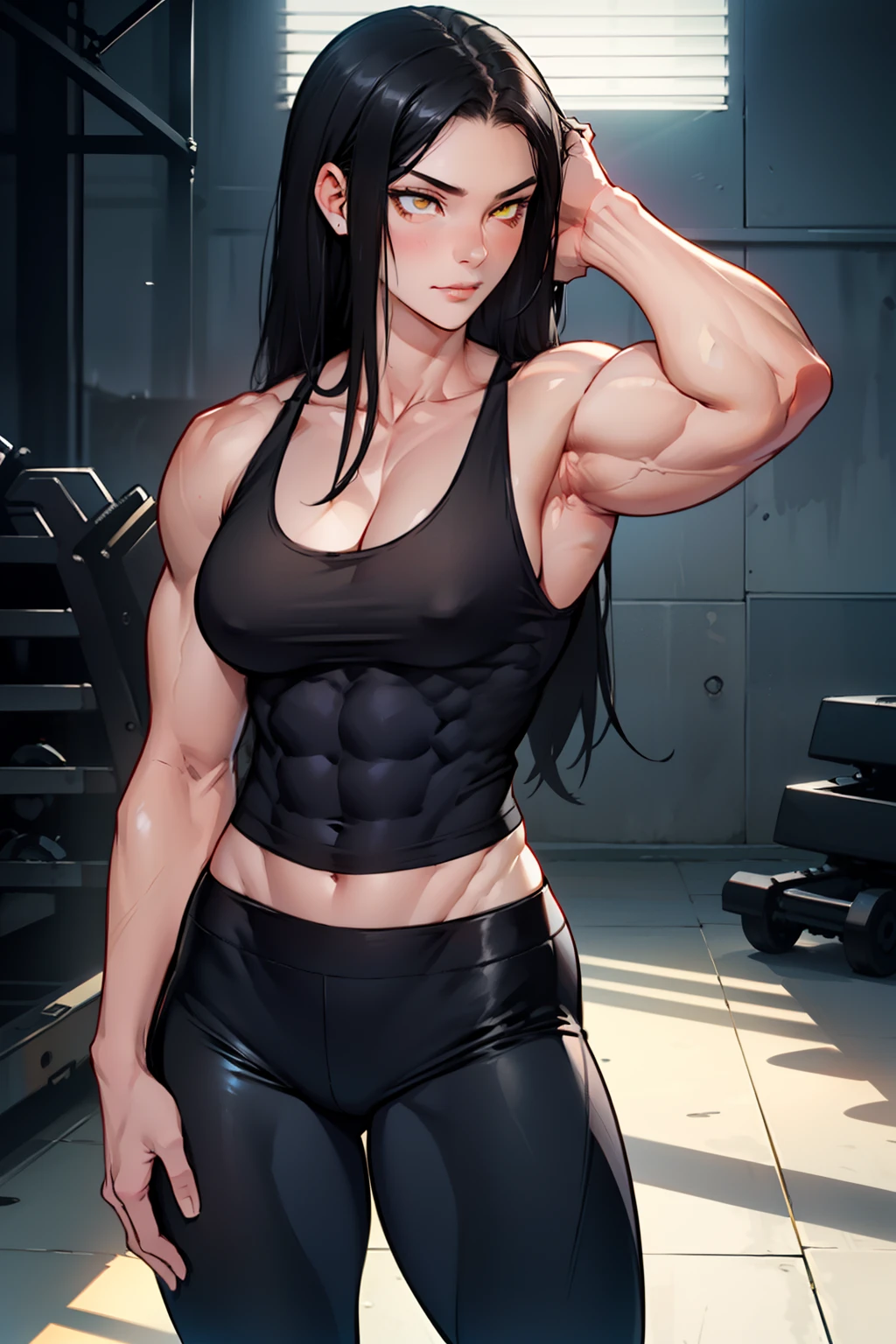 (((((((1 girl))))))), black hair, yellow eyes, very long hair, ((((((muscular)))))), tall, pale skin, ((seductive expression)), tank top, leggings