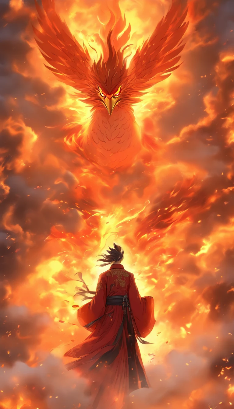 China-style,中景 the scene is,The Taoist priest stood in front of the huge firebird with spread wings,massive wings,Stretch your hands,Long messy hair,Glow effects,Hyper-realistic,Ultra photo realsisim,Chinese ink style,firey,rot,Smudge,Clouds,8K,super-fine,high qulity,(((OC renderer)))