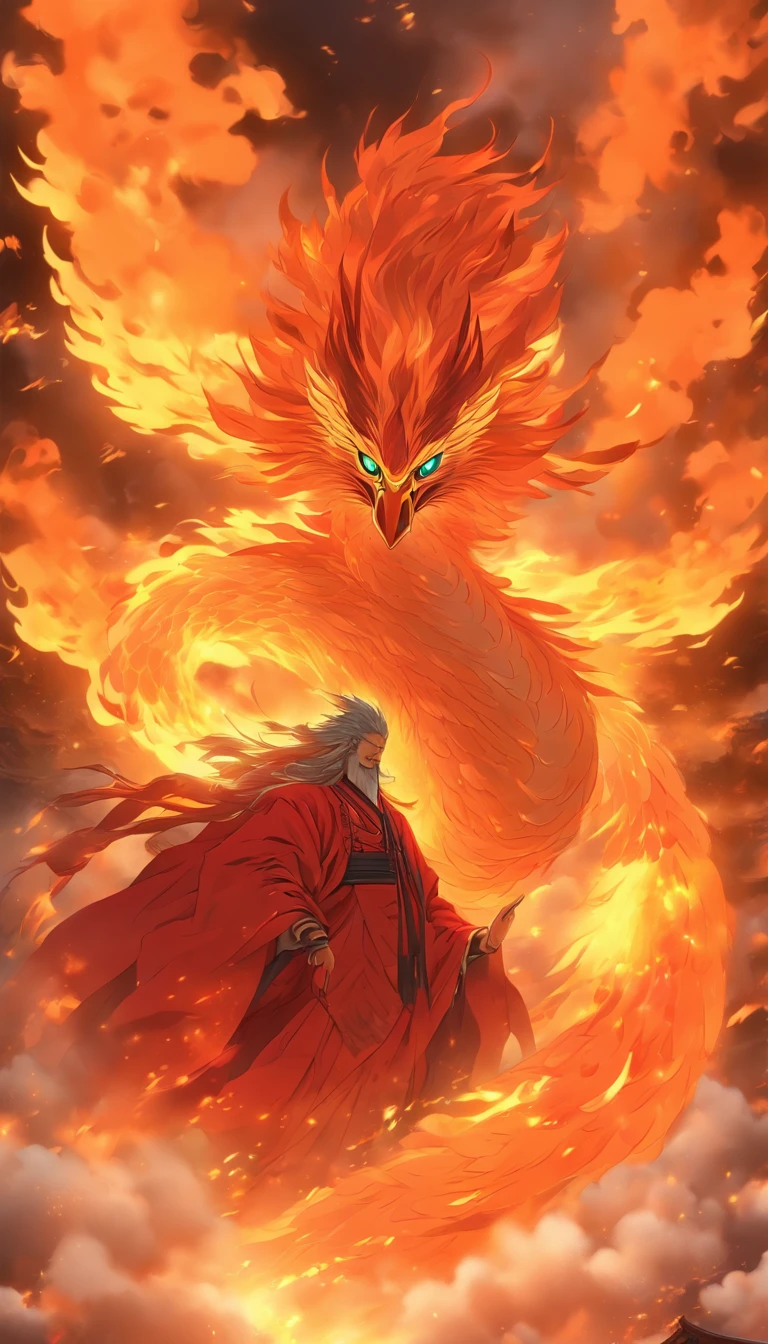 China-style,中景 the scene is,The Taoist priest stood in front of the huge firebird with spread wings,massive wings,Stretch your hands,Long messy hair,Glow effects,Hyper-realistic,Ultra photo realsisim,Chinese ink style,firey,rot,Smudge,Clouds,8K,super-fine,high qulity,(((OC renderer)))