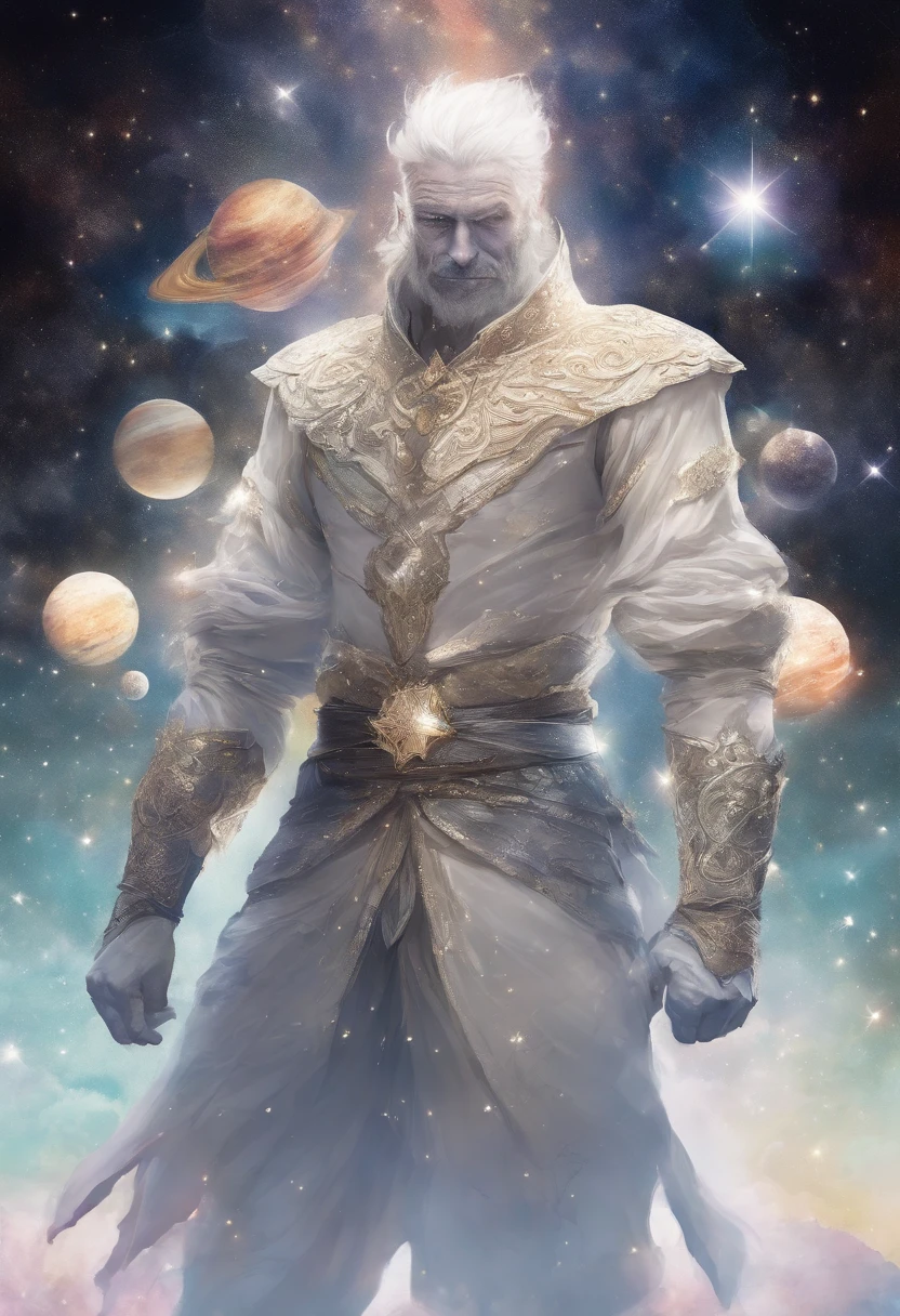 A man in space, Stars, Galexy, God, of light, faceless, white light, hovering in the sky, enormous teeth with planets in his right, his body made of stars