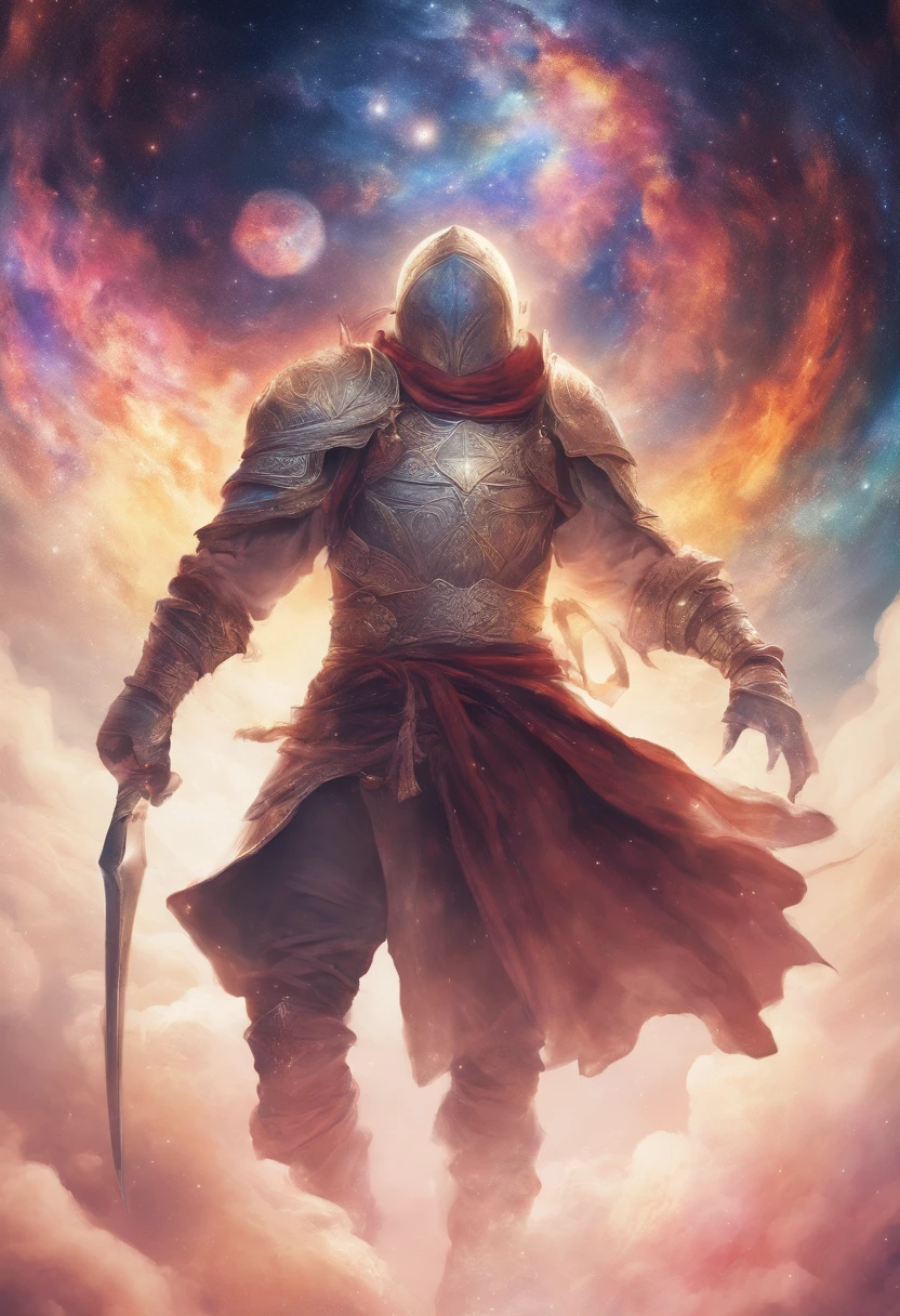A man in space, Stars, Galexy, God, of light, faceless, white light, hovering in the sky, enormous teeth with planets in his right, his body made of stars