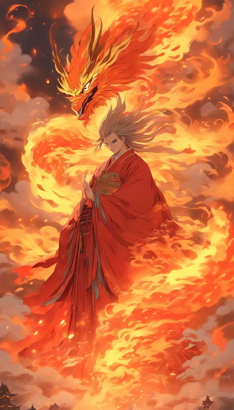 China-style,中景 the scene is,The Taoist priest stood in front of the huge firebird with spread wings,massive wings,Stretch your hands,Long messy hair,Glow effects,Hyper-realistic,Ultra photo realsisim,Chinese ink style,firey,rot,Smudge,Clouds,8K,super-fine,high qulity,(((OC renderer)))