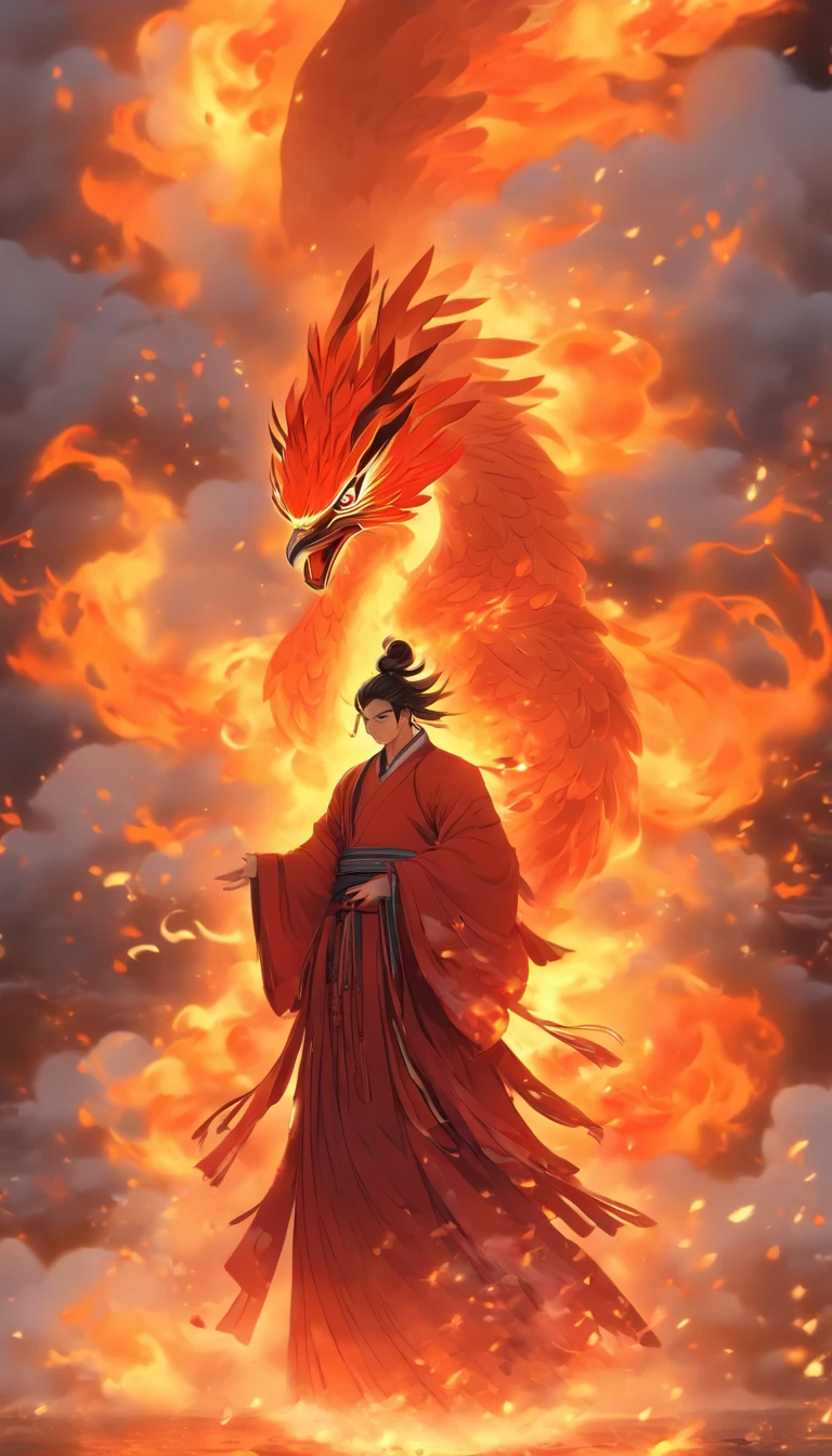 China-style,中景 the scene is,The Taoist priest stood in front of the huge firebird with spread wings,massive wings,Stretch your hands,Long messy hair,Glow effects,Hyper-realistic,Ultra photo realsisim,Chinese ink style,firey,rot,Smudge,Clouds,8K,super-fine,high qulity,(((OC renderer)))