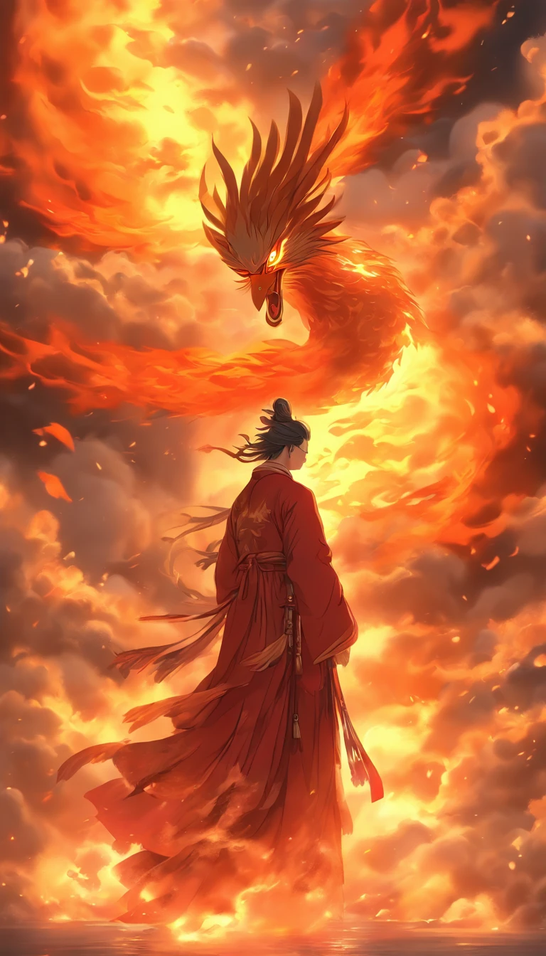 China-style，中景 the scene is，The Taoist priest stood in front of the huge firebird with spread wings，massive wings，Stretch your hands，Long messy hair，Glow effects，Hyper-realistic，Ultra photo realsisim，Chinese ink style，firey，rot，Smudge，Clouds，8K，super-fine，high qulity，（（（OC renderer）））