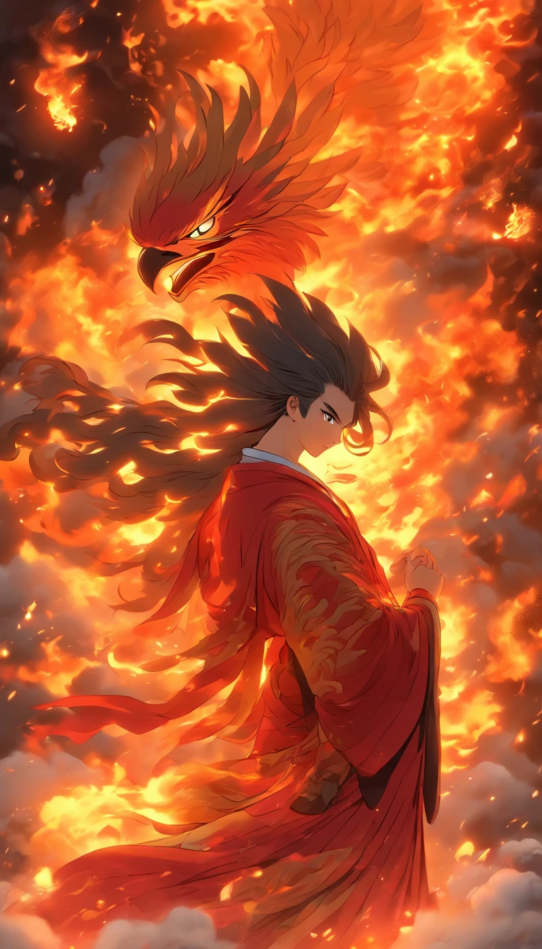 China-style,中景 the scene is,The Taoist priest stood in front of the huge firebird with spread wings,massive wings,Stretch your hands,Long messy hair,Glow effects,Hyper-realistic,Ultra photo realsisim,Chinese ink style,firey,rot,Smudge,Clouds,8K,super-fine,high qulity,(((OC renderer)))