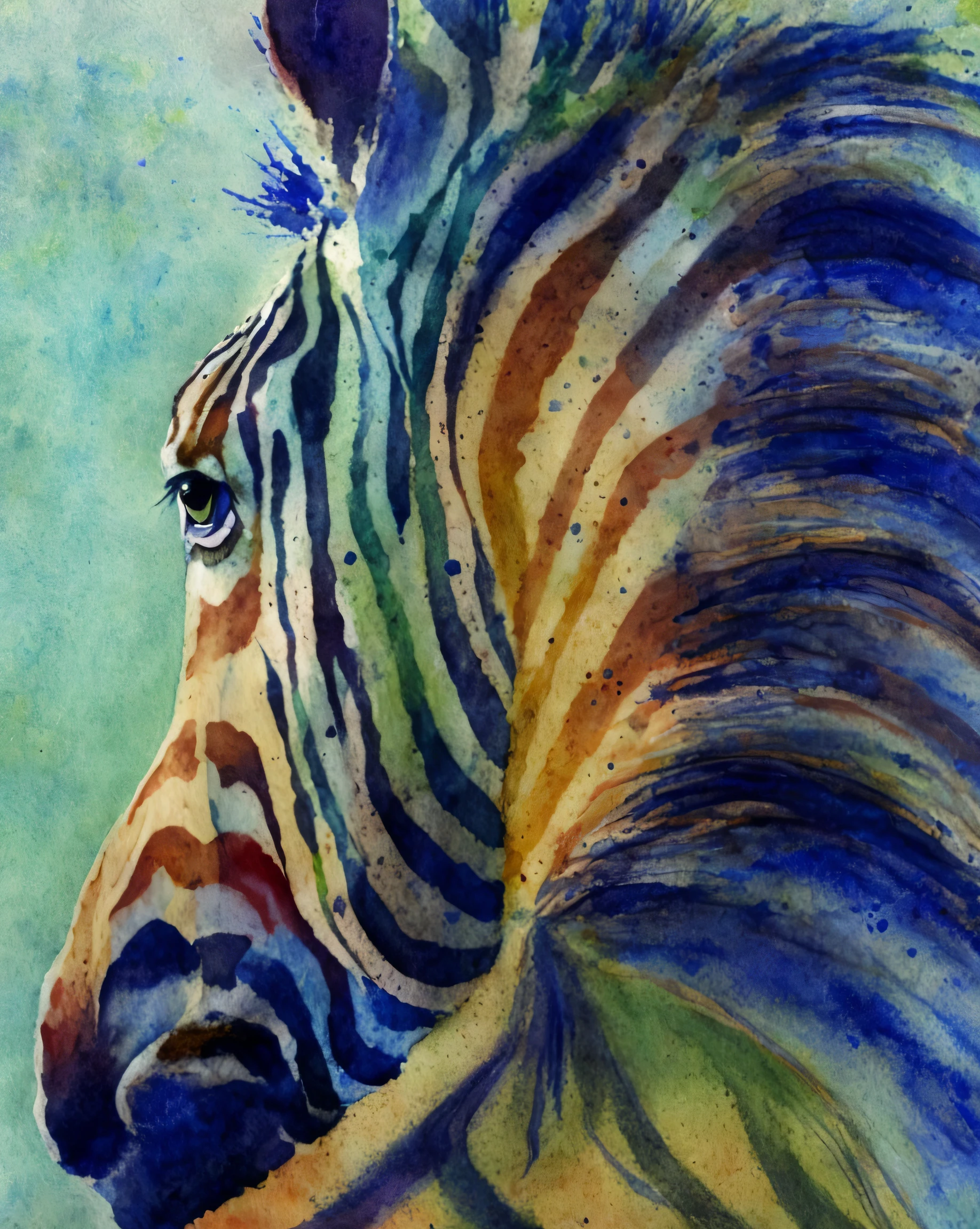 pintura de uma zebra com um fundo azul e verde, zebra, pintado em aquarelas brilhantes, Beautiful, Watercolors and acrylics, on beyond zebra, pintura animal, arte waterpaint, Aquarela vibrante, watercolor artwork of exotic, Me, Aquarela intensa, inclinando-se para a aquarela, zebra na arte, Olhando, Directed by: Anna Haifisch, arte deslumbrante, arte em aquarela, em perfil