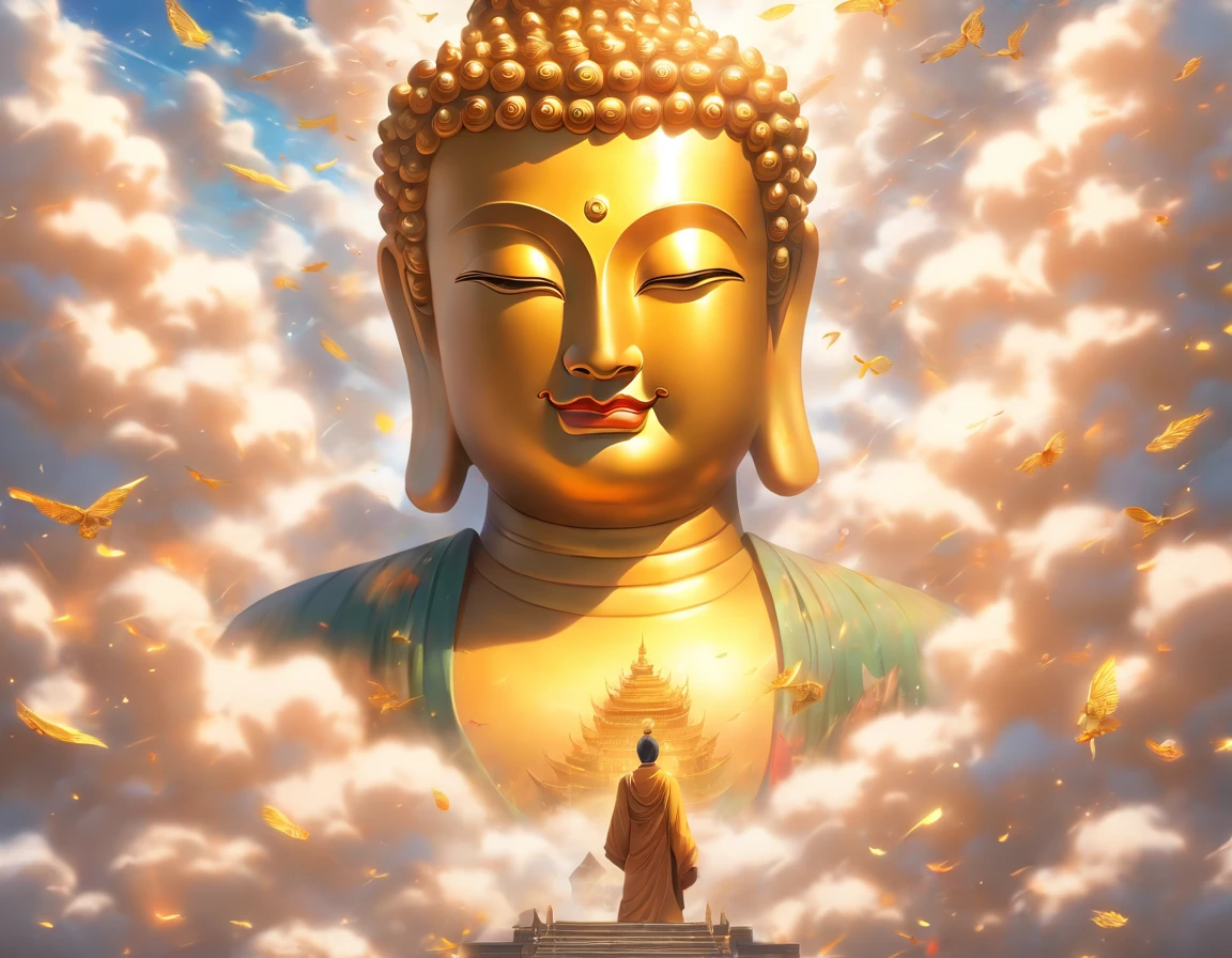 A huge golden Buddha statue rushed into the clouds,Pilgrims on the road,Light smile,China-style,In the distance, surrealism, stereograms, tachi-e, Atmospheric perspective, hyper photorealism, Cinematic lighting, god light, Super detail, ccurate, Best quality, Masterpiece, 16k, High details, A high resolution, Award-Awarded, Super detail, Anatomically correct