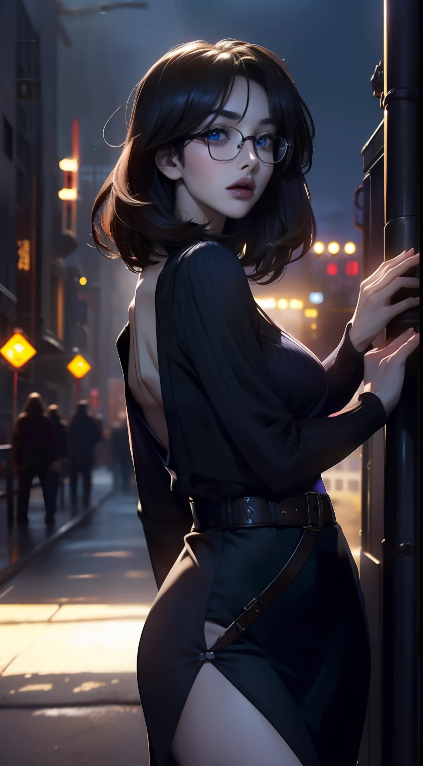 (Cinematic Digital Artwork: 1.3), High quality, masutepiece, of the highest quality, Super Detail, Illustration, [4K Digital Art]、(Moody lighting:1.2), depth of fields, Bokeh, 4K, nffsw. by Masterpiece, Best Quality, Night, Back alleys in the city, 1 woman, gray blue eyes, Light pink lips, Cold, Serious, Empty color, Small breasts, Lean-cheeked, Seductive face、 Realistic pores of the body,  (Blue eyes: 0.8), Beautiful adult face, 40 I, soft volumetric lights, (Back lighting: 1.3), (Cinematic: 1.3), Intricate details, (art  stations: 1.3), Dark hair、Pixie Short、Forehead、Date glasses、Short、Tiny、 slender, cum in ,straight haired, Glasses , Sweater dress with vertical ribbed fabric、skiny、Pin Heel Sandals、beauty legs、garterbelts