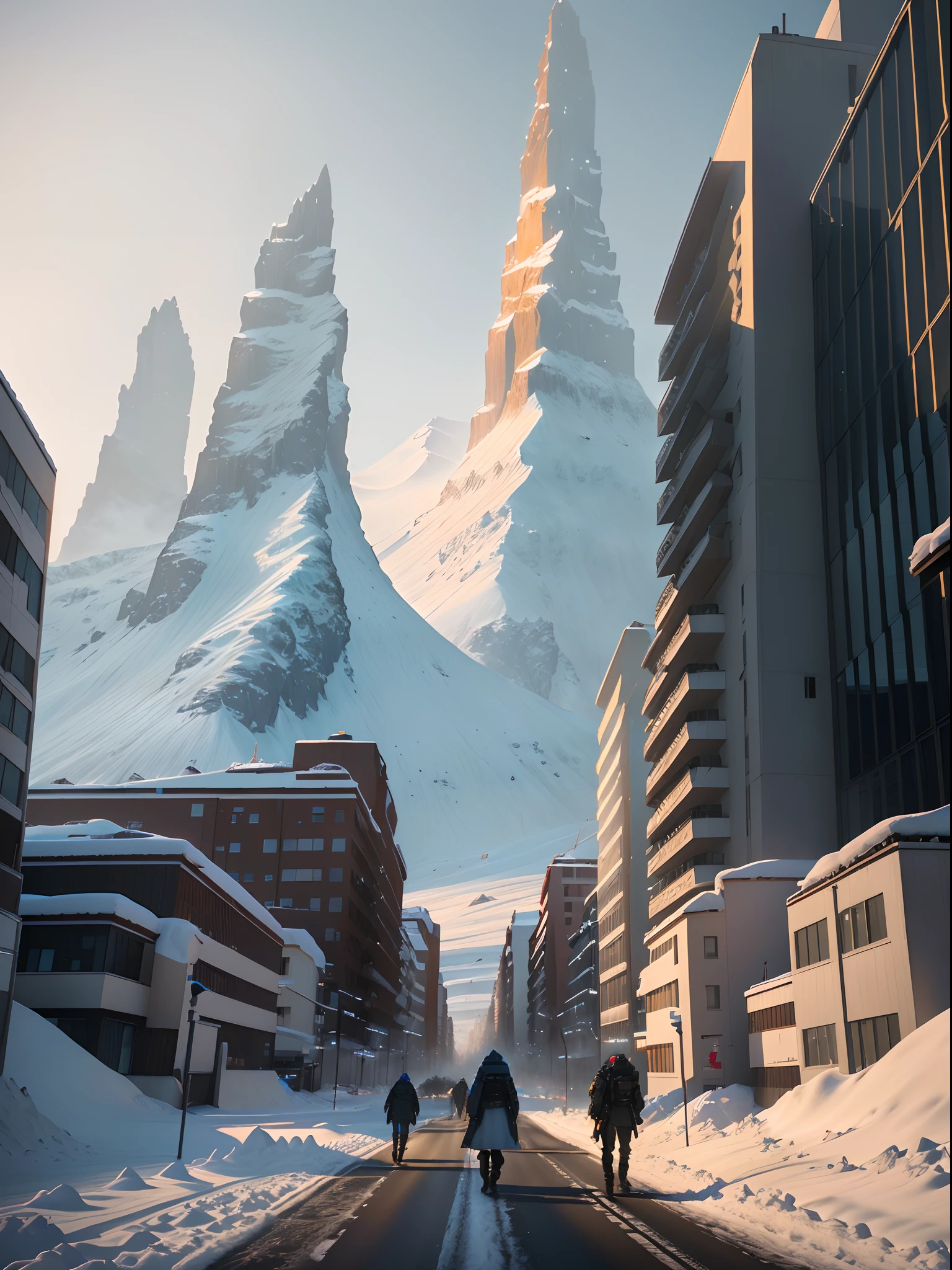 People walk on the snowy road in front of tall buildings, sci-fi of iceland landscape, epic cinematic matte painting, inspired by jessica rossier, jessica rossier fantasy art, by jessica rossier, 8k matte painting, 8 k matte painting, sci - fi film still, bastien grivet, from a 2 0 1 9 sci fi 8 k movie
