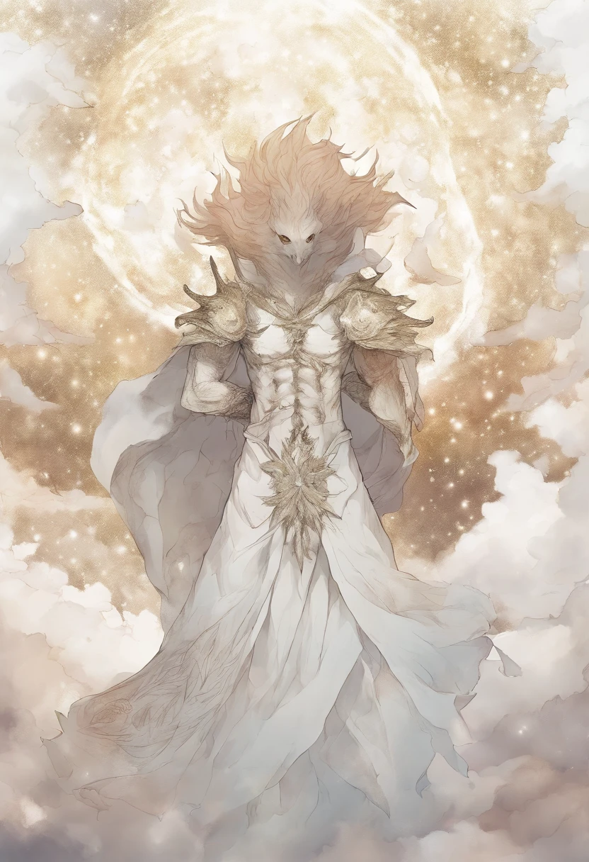A man of light, faceless, white light, hovering in the sky, enormous teeth with planets in his right, his body made of stars