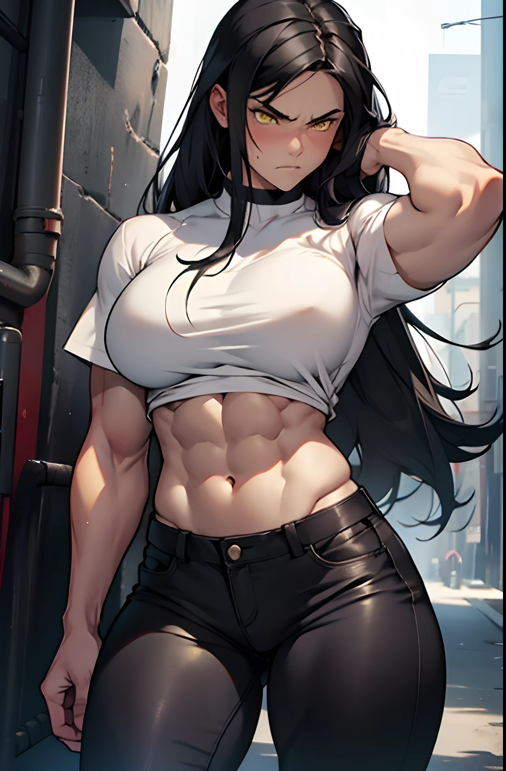 1girl, extremely long hair, solo, ((muscular)), veins, black hair, yellow eyes, blushing, thick thighs, pale skin, strong, veins, abs, big thighs, huge breasts, navel, standing, angry, tight pants, tight shirt