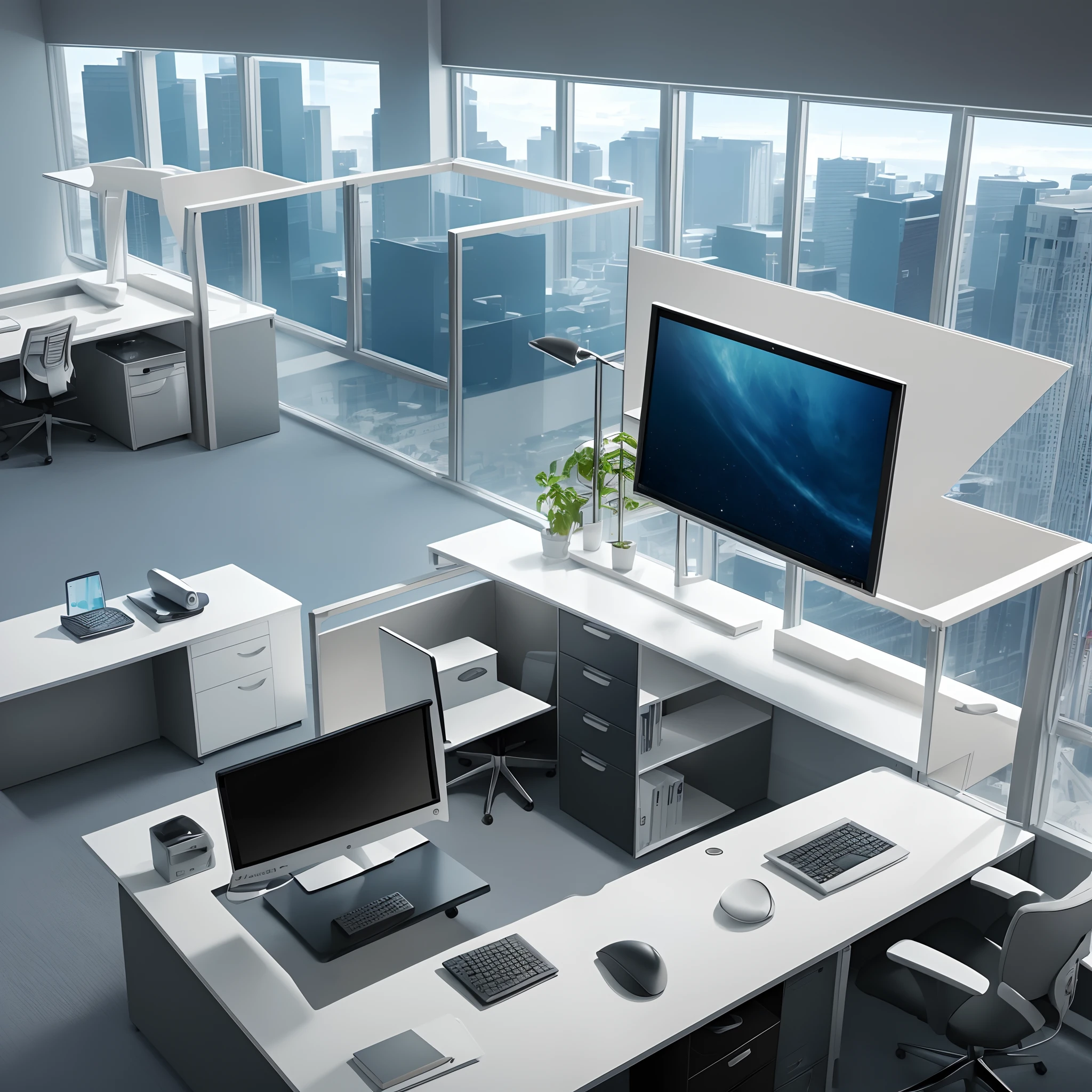 tmasterpiece,office space,Office desk,NOhumans,Bright space,(above shot:1.5),(Hyper-realistic:1.3)