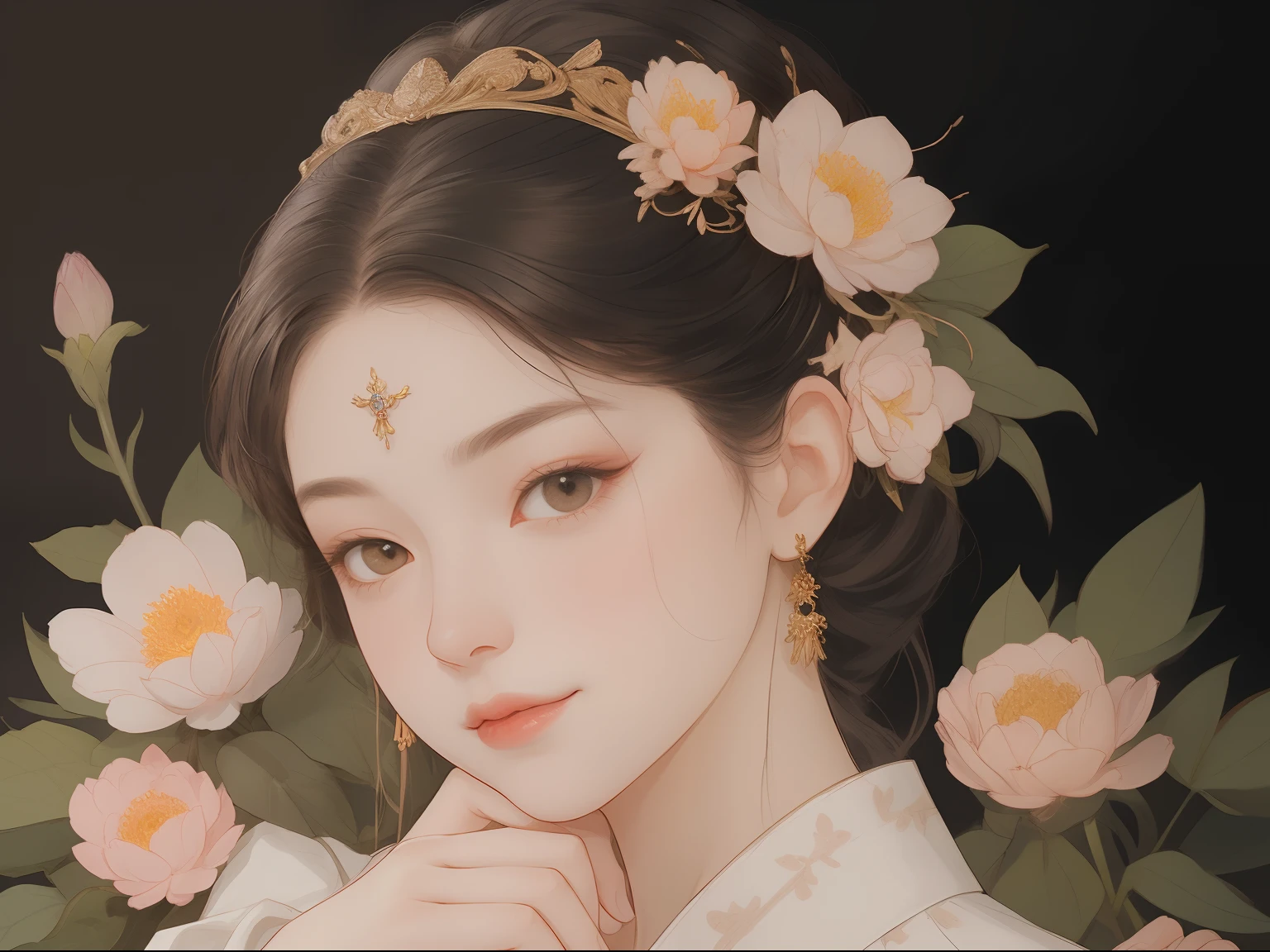 Best quality、tmasterpiece、A high resolution、1 flat-chested girl、White porcelain soft satin dress、white dresses，long white robe，Delicate hair accessories、Fine Necklace、detailed jewellery、pretty  face、Physically、Flat and thin body，smallunderboob，Tyndall effect、realisticlying、Surrounded by white flowers、White flowers，edge lit、Surrounded by white flowers、bicolor lighting、（highdetailskin：1.2）、8K Ultra HD、Digital SLR、softlighting、high high quality、volumettic light、sneak shot、photore、A high resolution、4K、8K、The background is blurred out，