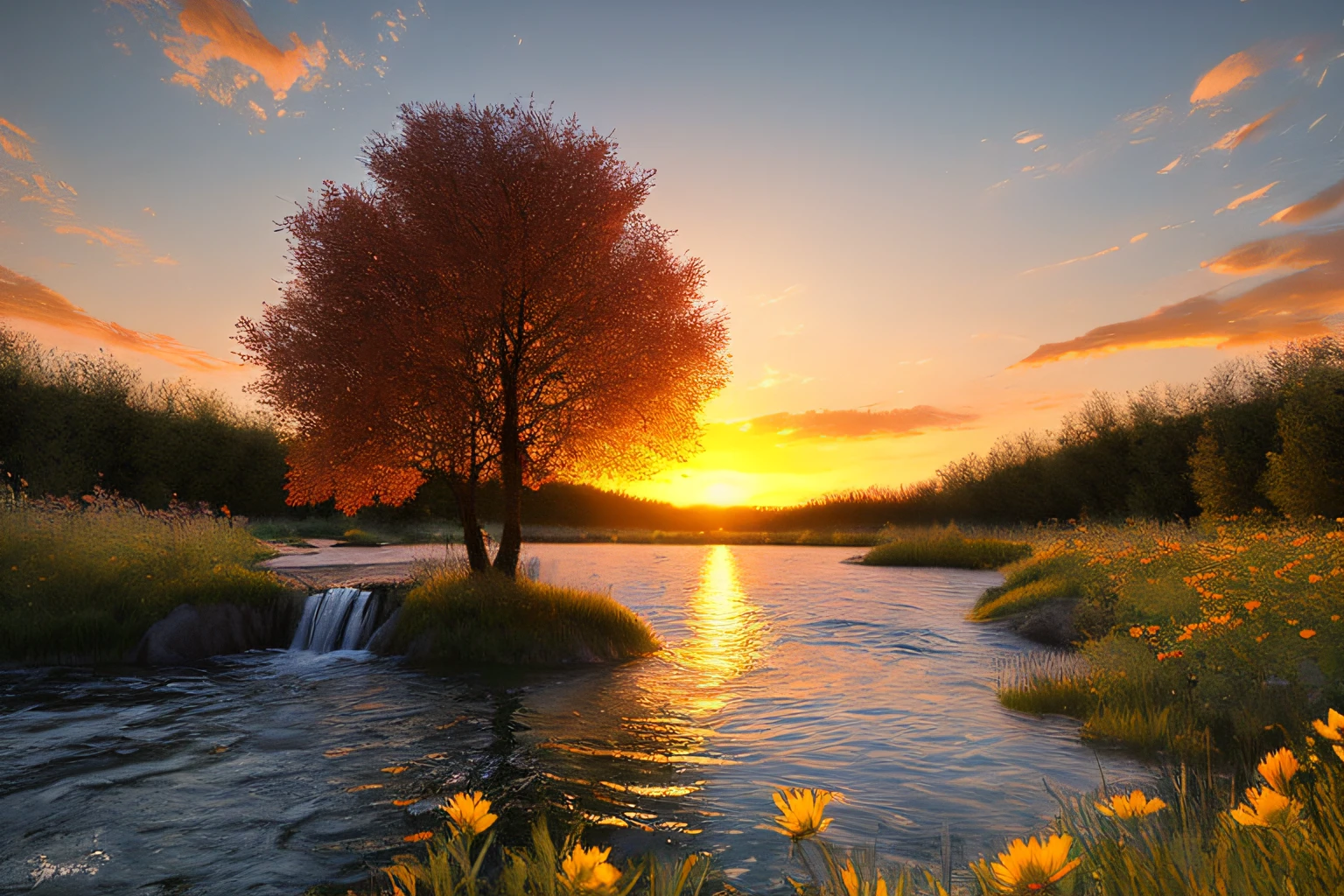 coucher du soleil, Eau, fleur, la pus belle oeuve du monde, very realistic, high-definition, ruisseau