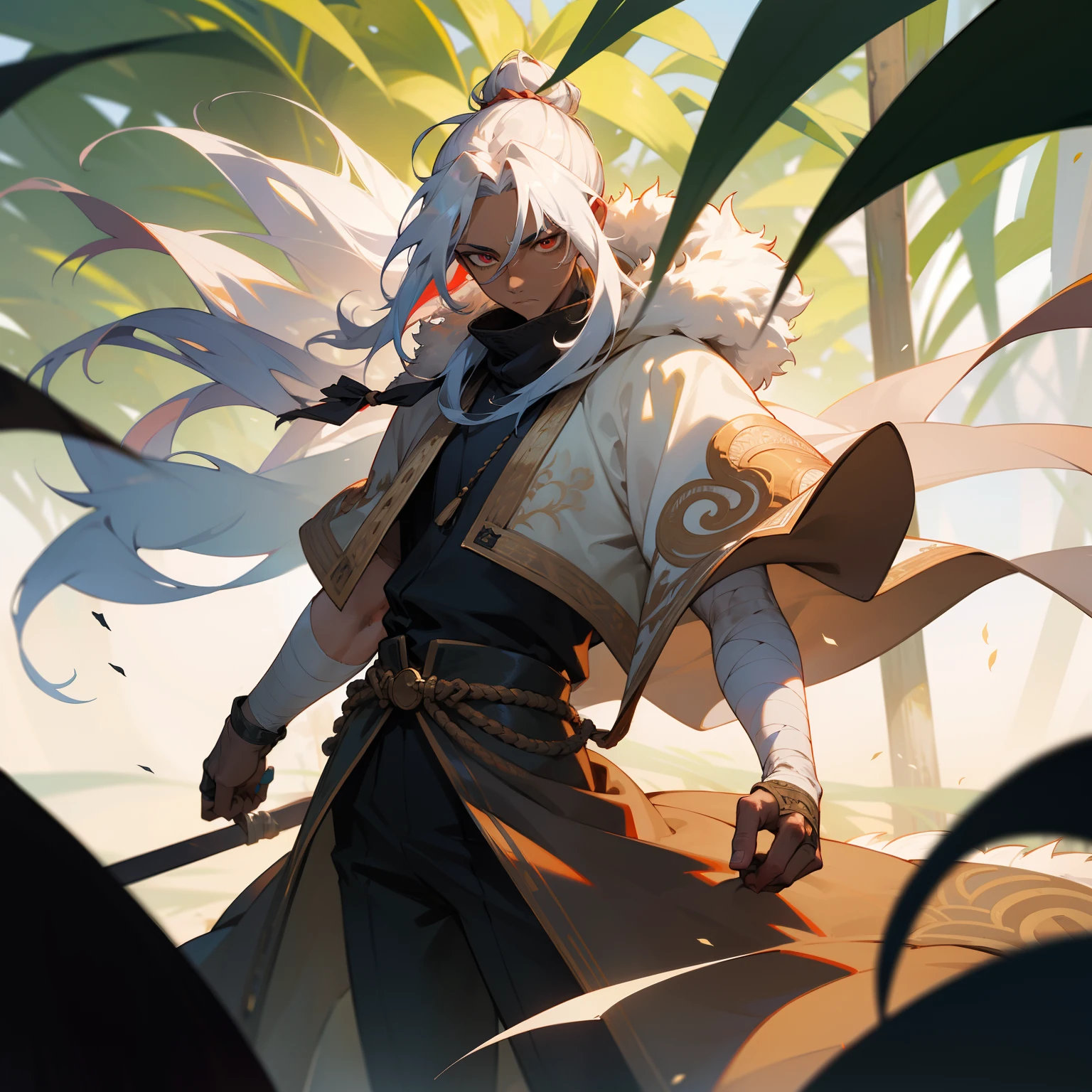 masterpiece, solo, best quality, 1 male, handsome, finely detailed eyes, intricate details, casual clothes, oversized fur hood, pants, messy white hair, long length hair with man bun, complex pattern, best light and shadow, background is in a field, dappled sunlight, day, depth of field, plants, summer, colorful, artistic, depth of field, somber expression, red eyes, dark skin, anime, bandages wrapped around arms and hands, scars