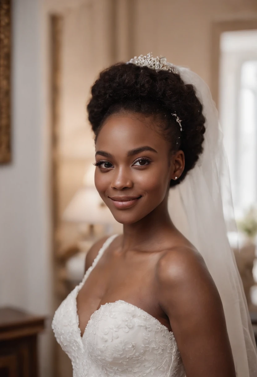 (gros plan, Editorial photograph of a 21-year-old black woman in a wedding dress), (high detail face:1.4) (sourire:0.7) (Background inside a living room L'umineux, private study:1.3) POV, Par Lee Jeffries, Sony a7R IV, Photographie de film ,4 Kodak Portra 400 ,camera f1.6 lentilles ,couleurs riches ,hyper realistic ,lifelike texture, Key light illumination , Cinestill 800,