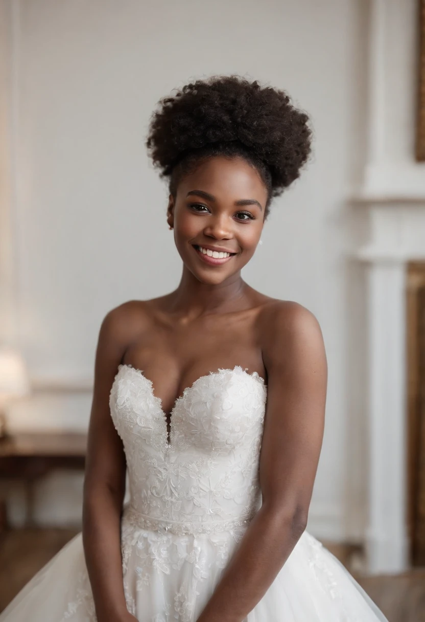 (gros plan, Editorial photograph of a 21-year-old black woman in a wedding dress), (high detail face:1.4) (sourire:0.7) (Background inside a living room L'umineux, private study:1.3) POV, Par Lee Jeffries, Sony a7R IV, Photographie de film ,4 Kodak Portra 400 ,camera f1.6 lentilles ,couleurs riches ,hyper realistic ,lifelike texture, Key light illumination , Cinestill 800,