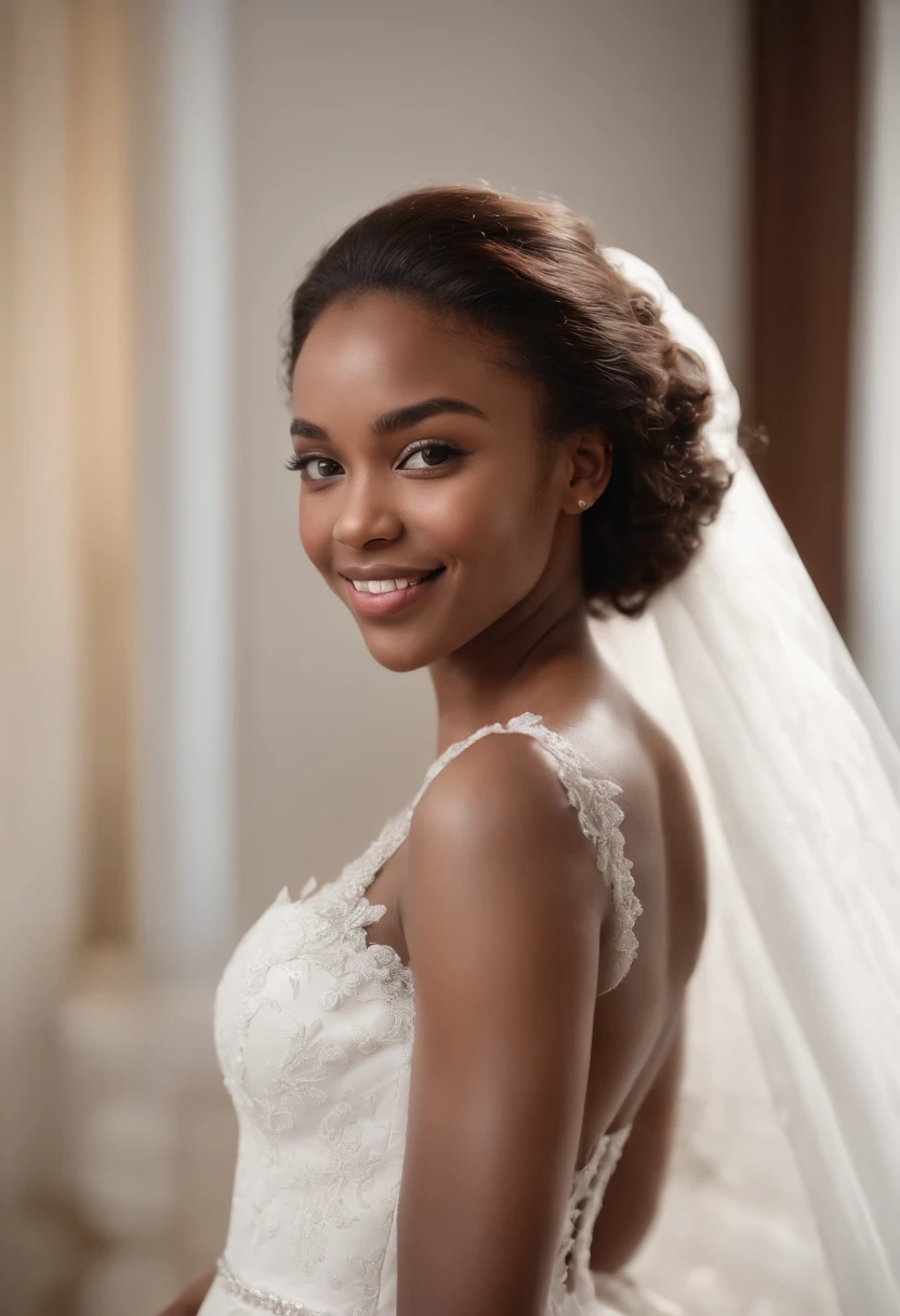 (gros plan, Editorial photograph of a 21-year-old black woman in a wedding dress), (high detail face:1.4) (sourire:0.7) (Background inside a living room L'umineux, private study:1.3) POV, Par Lee Jeffries, Sony a7R IV, Photographie de film ,4 Kodak Portra 400 ,camera f1.6 lentilles ,couleurs riches ,hyper realistic ,lifelike texture, Key light illumination , Cinestill 800,