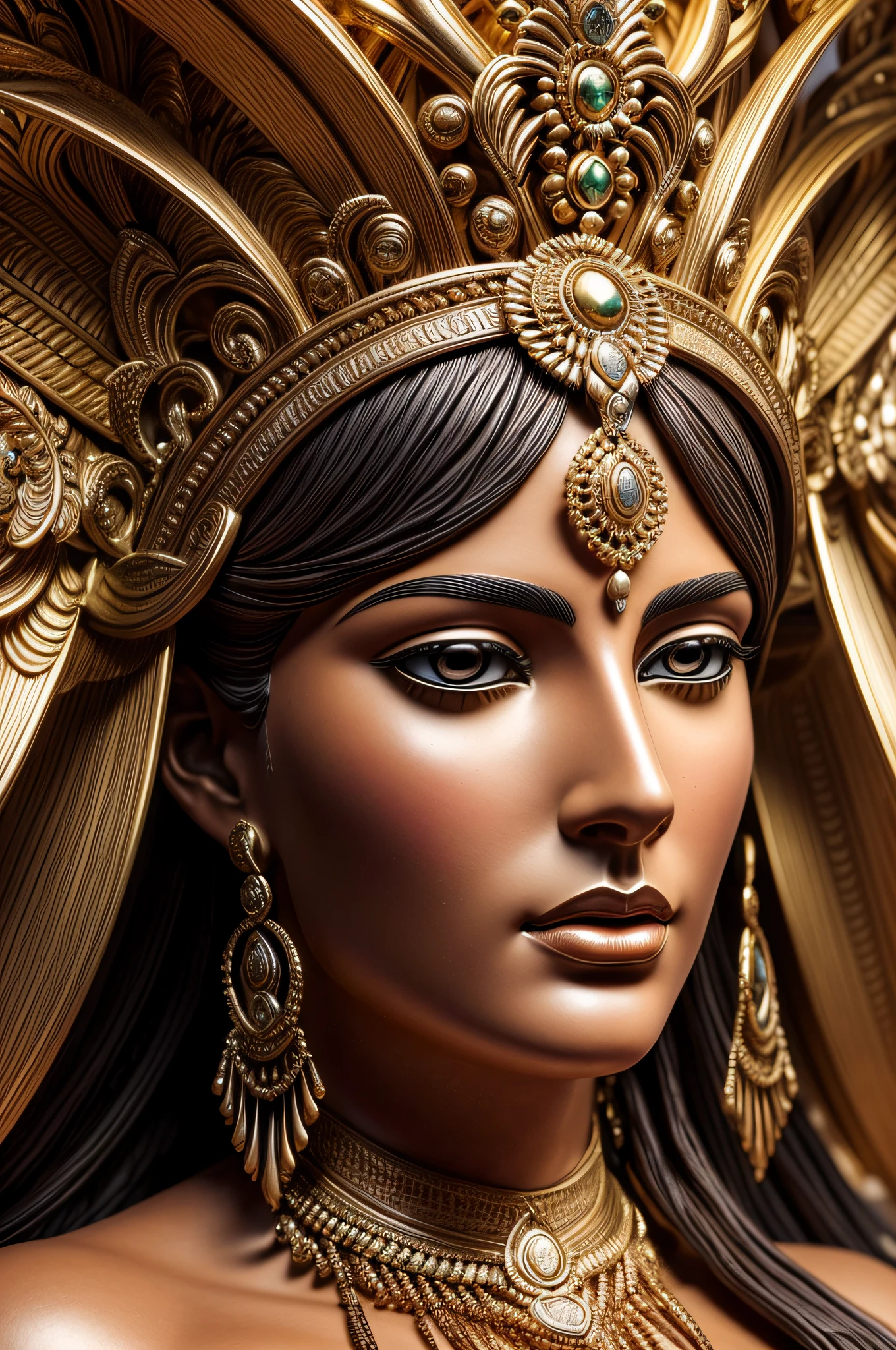 a close up of a sculpture of a woman with a headdress, goddess. extremely high detail, 3 d goddess portrait, extremely detailed goddess shot, goddess close-up portrait, detailed matte fantasy portrait, karol bak uhd, portrait of a beautiful goddess, beautiful intricate face, beautiful female gorgon, goddess portrait, a stunning portrait of a goddess