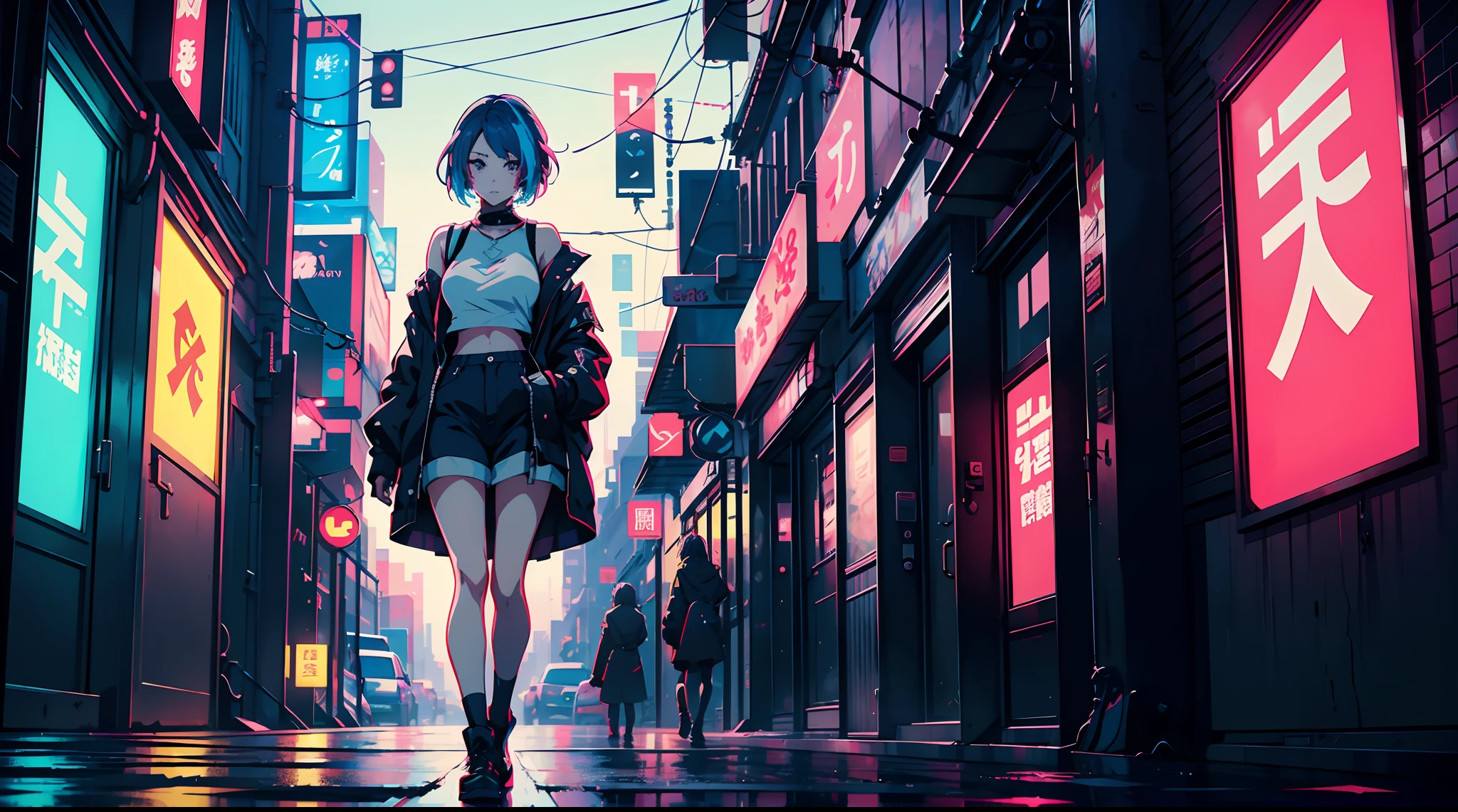 anime girl with colorful hair and a white top standing in a city, anime style. 8k, anime style 4 k, digital cyberpunk anime art, digital cyberpunk - anime art, anime vibes, cyberpunk anime girl, anime cyberpunk art, 8 0 s anime vibe, female cyberpunk anime girl, modern anime style, realistic anime artstyle, cyberpunk anime art, anime girl