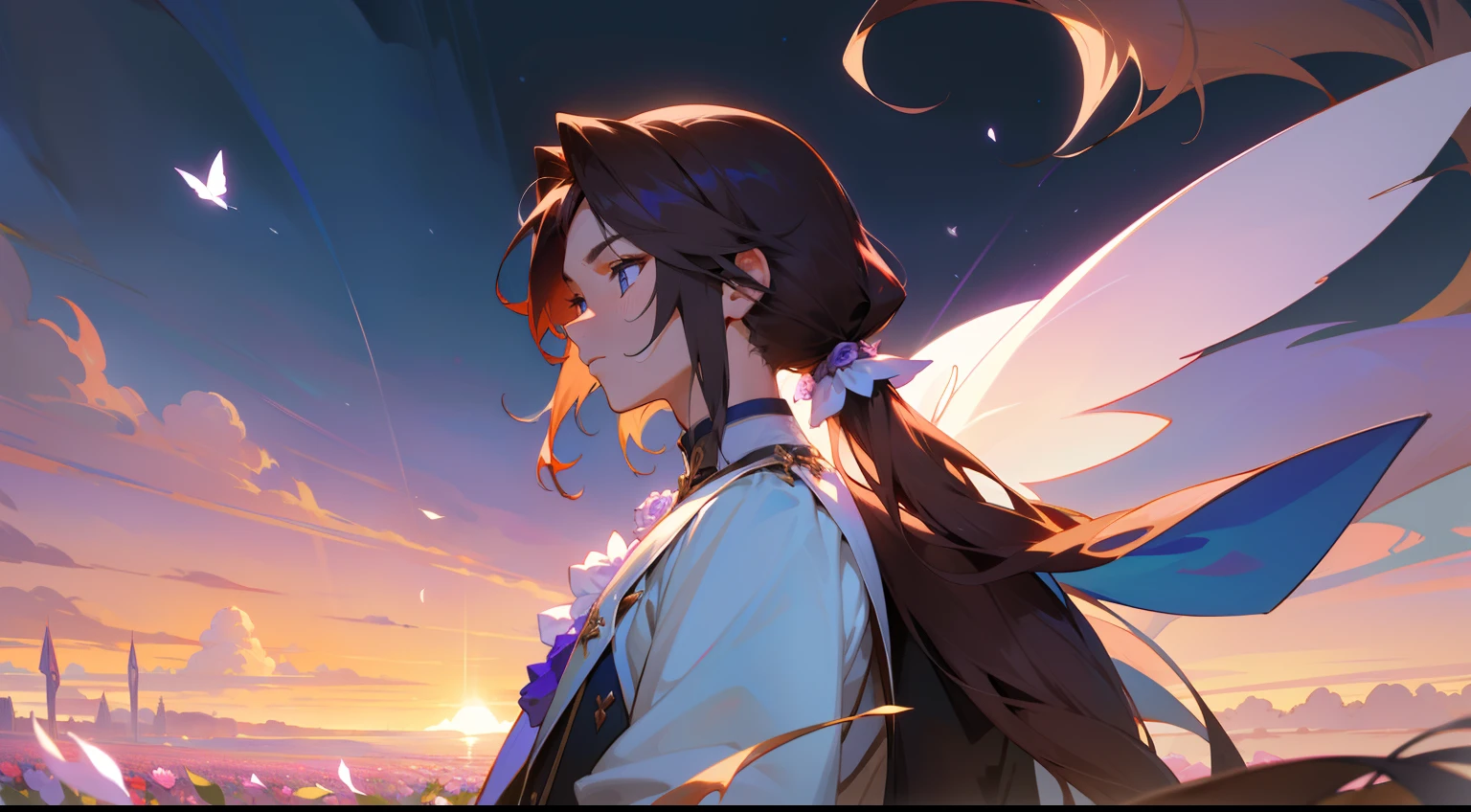 A prince，Handsome and handsome，brunette color hair，eBlue eyes，Manteau blanc，long whitr hair，pony tails，Stand in a rose field，Western fantasy，Fairytales，Works of masters，A high resolution，Exquisite facial features