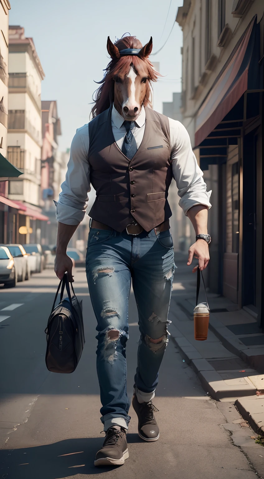 A cute anthropomorphic horse,(There are horse heads:1.2),(The face is a delicate horse face),The horse's face takes on an anthropomorphic expression,Wearing a vest,Suspender jeans,White sneakers,baseball cap,Wearing sunglasses,(Full body appearance),City streets,(depth of fields),(Movie lighting),(light and shadow effect),(Unreal 5),(tmasterpiece),(8k wallpaper),photorealestic,realisticlying