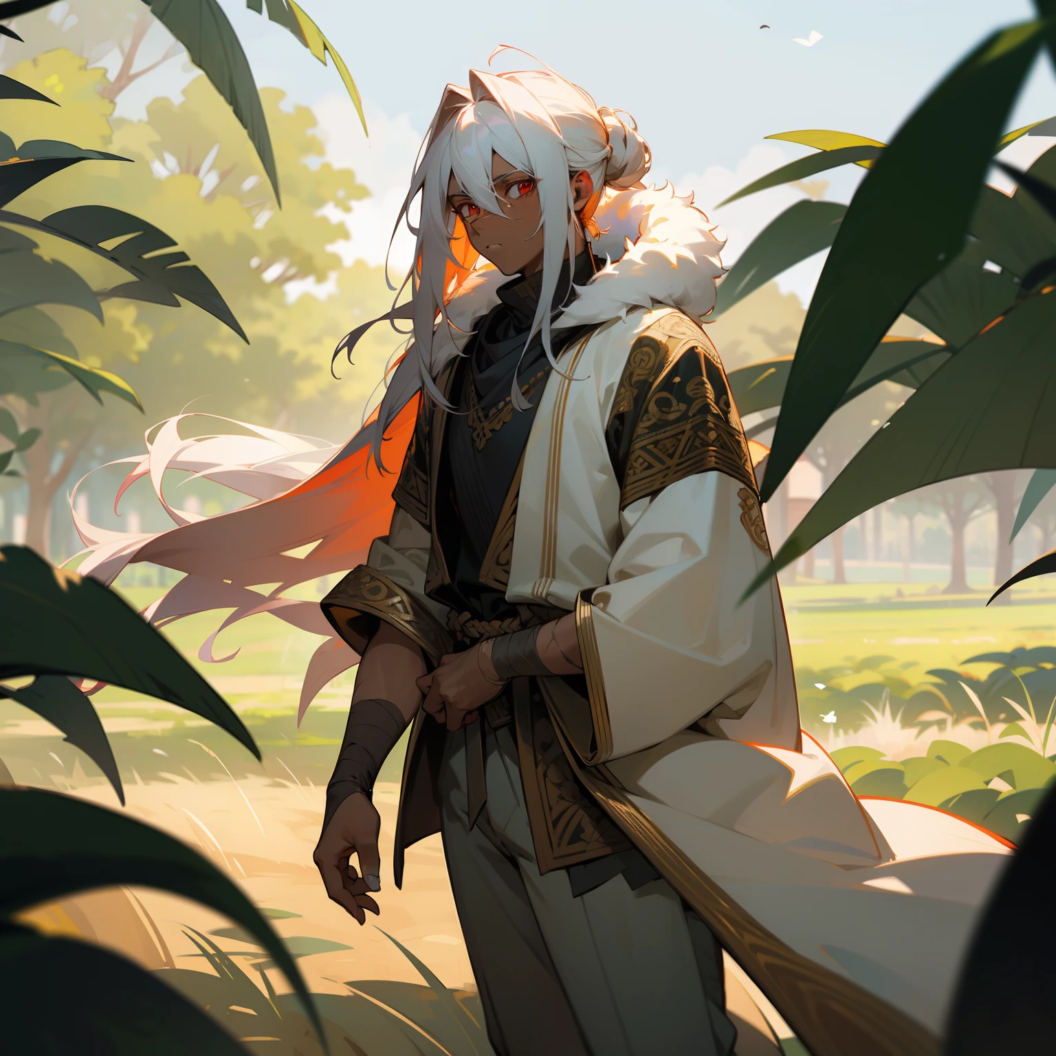 masterpiece, solo, best quality, 1 male, teen, handsome, finely detailed eyes, intricate details, casual clothes, oversized fur hood, pants, messy white hair, long length hair with man bun, complex pattern, best light and shadow, background is in a field, dappled sunlight, day, depth of field, plants, summer, colorful, artistic, depth of field, somber expression, red eyes, dark skin, anime, bandages wrapped around arms and hands, scars