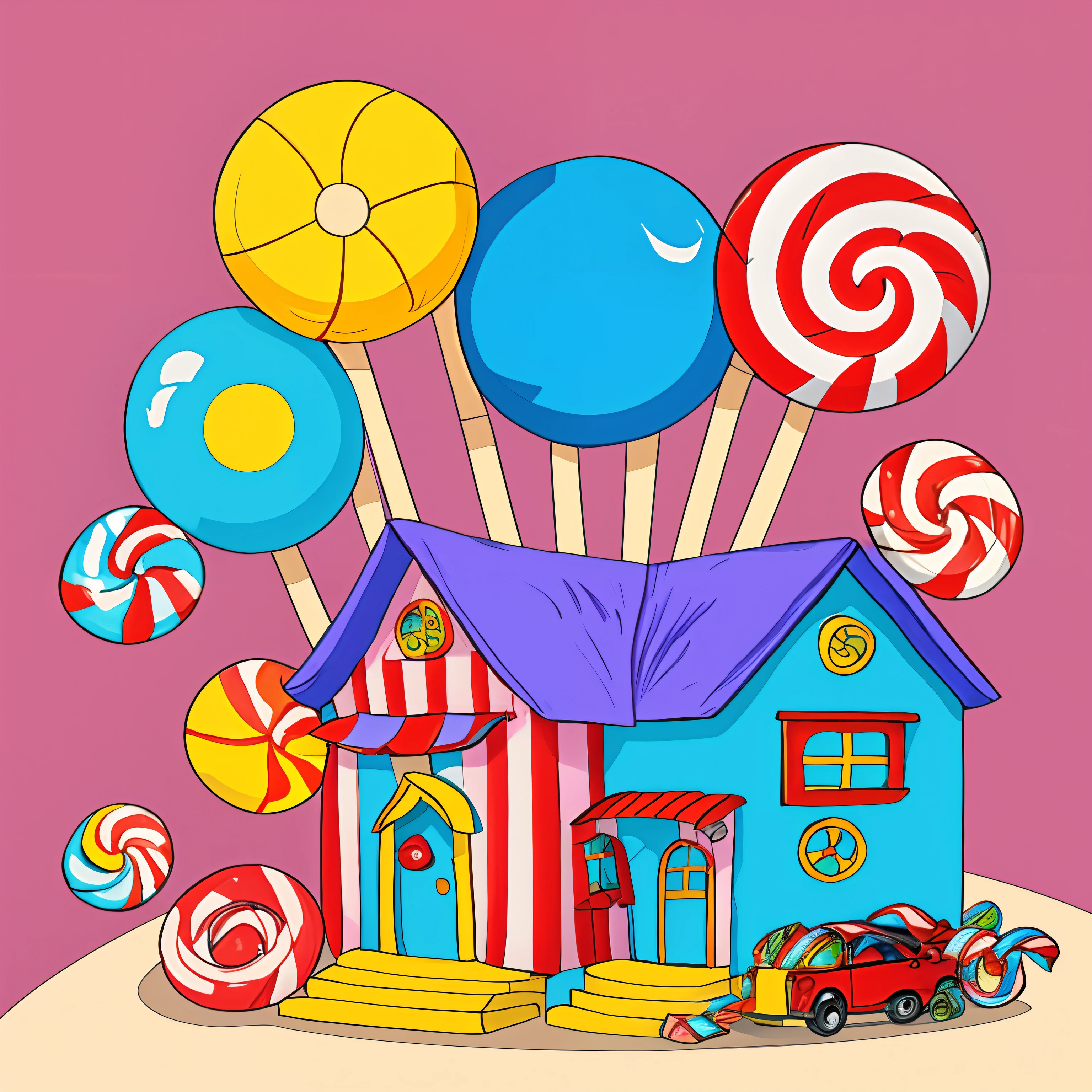 A house made of candies, like in a fairytale, cartoon style, cute, sweet, 8k, printable --auto