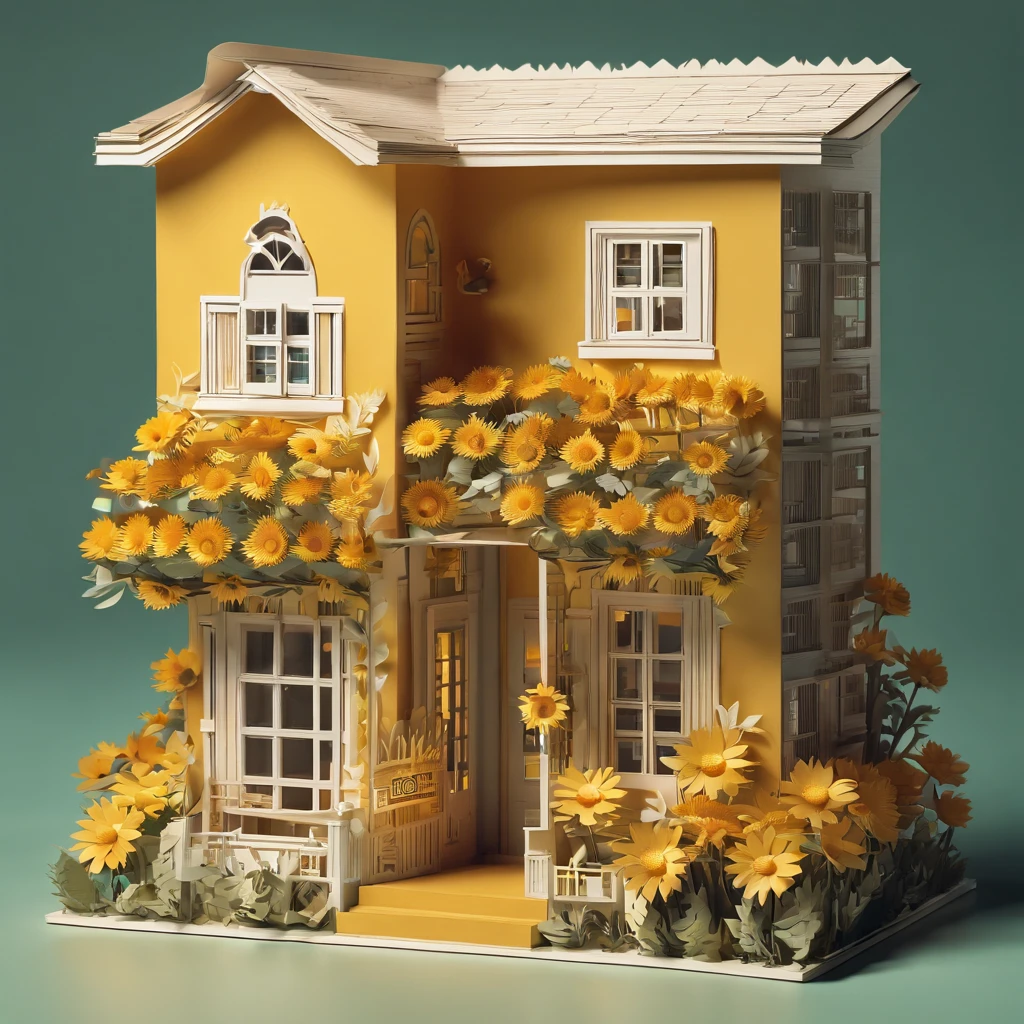 Sunflower House Gloria Studio, The garden is full of sunflowers, felt material, Cartoonish design style, POP MART, Soft lighting, smooth lines, Tilt-shift lens, Detailed sci-fi illustrations, super realistic details, warm color