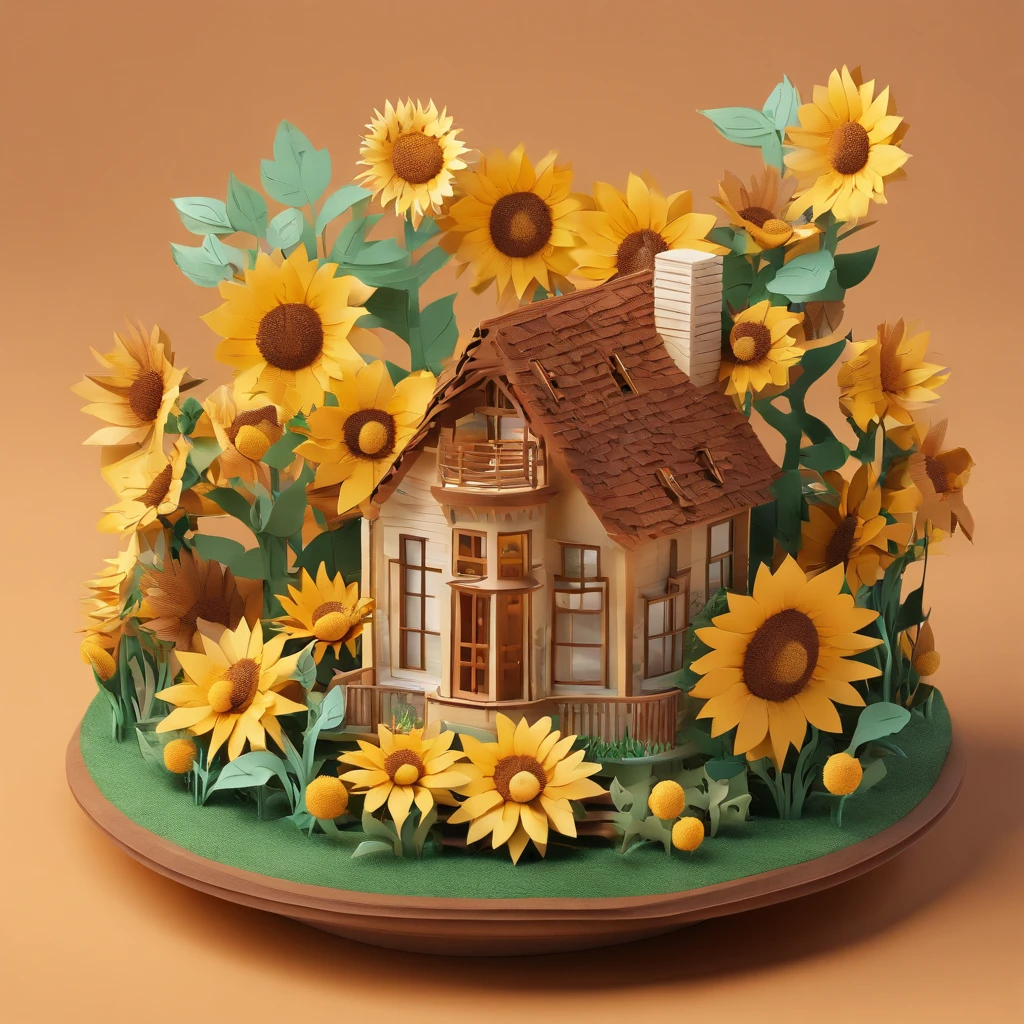 Sunflower House Gloria Studio, The garden is full of sunflowers, felt material, Cartoonish design style, POP MART, Soft lighting, smooth lines, Tilt-shift lens, Detailed sci-fi illustrations, super realistic details, warm color