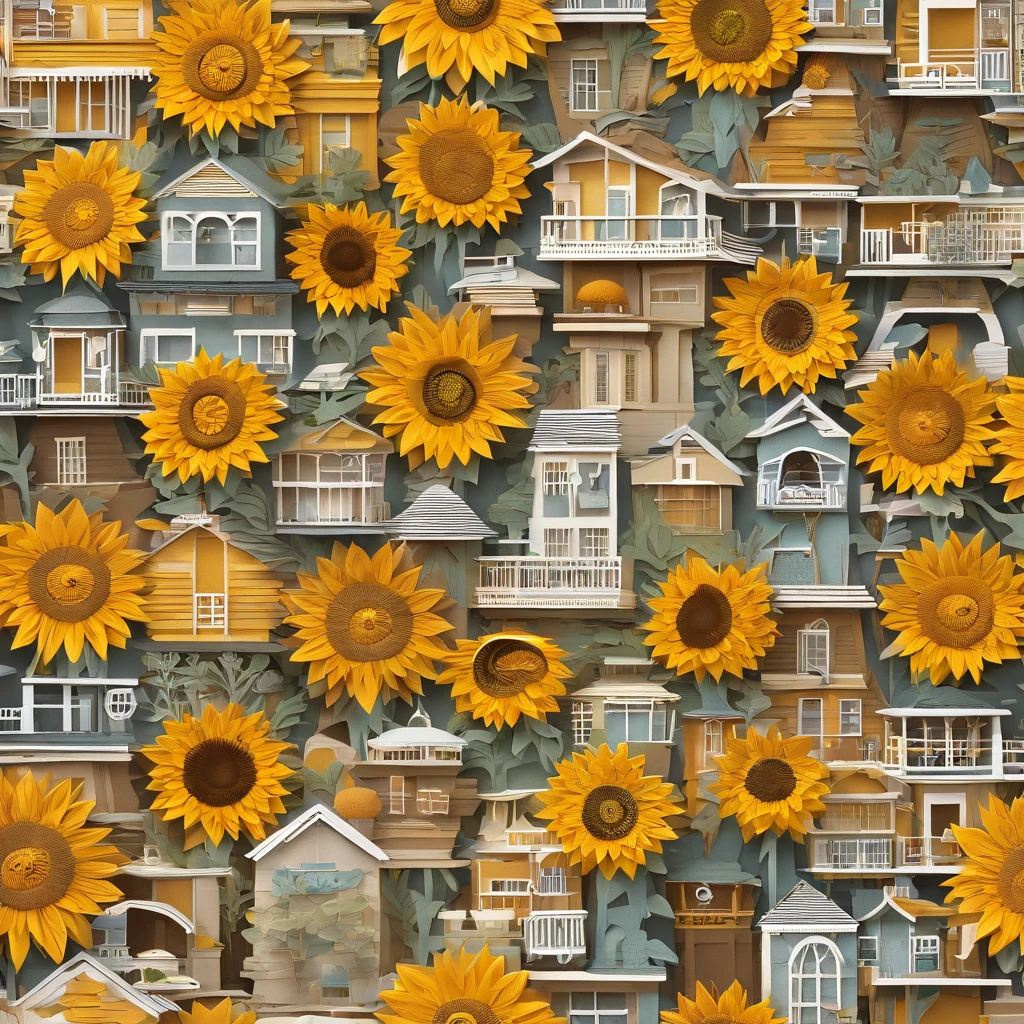 Sunflower House Gloria Studio, The garden is full of sunflowers, felt material, Cartoonish design style, POP MART, Soft lighting, smooth lines, Tilt-shift lens, Detailed sci-fi illustrations, super realistic details, warm color