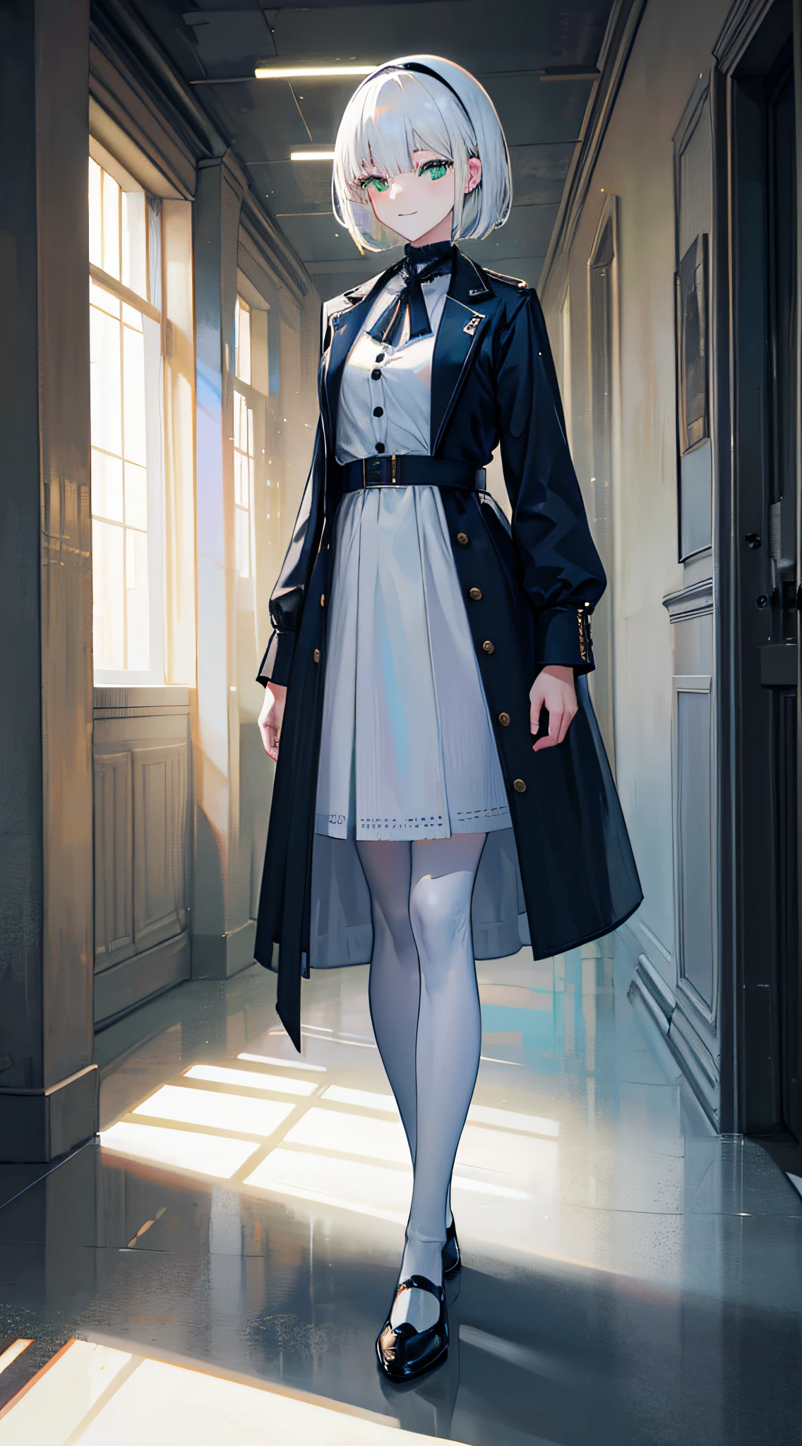 The Stable Diffusion prompt:
"(best quality, 4K, ultra-detailed, photorealistic:1.2), a girl with white hair, blunt bangs, short hair, a round face, wearing a black hairband, (green eyes), and a smiling expression, medium-sized breasts, wearing a white shirt, blue jacket, light yellow shoes, and white stockings, standing in a spacious corridor. Cinematic lighting, high-resolution, 16K, 8K, with textured skin."