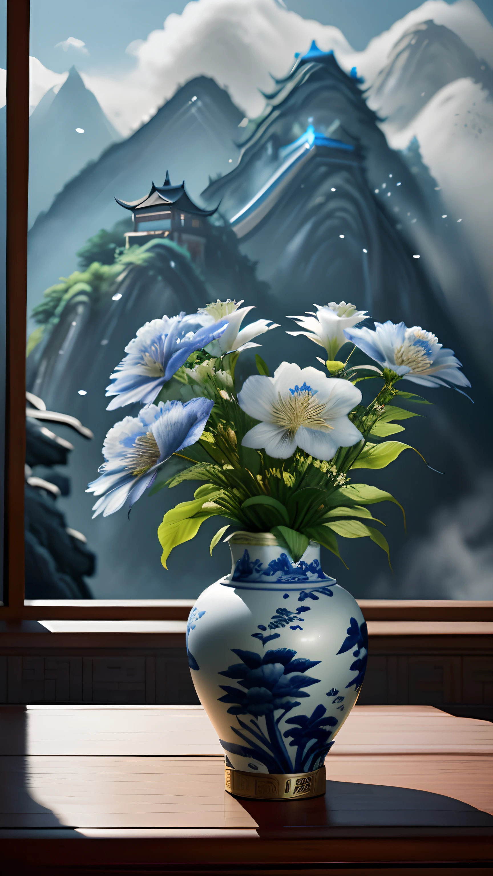 best qualtiy,realisticlying,realisticlying,super-fine,"Mountains+Ancient servants+Chinese style buildings" The motifs are carved on the surface of highly intricate blue and white porcelain vases,The blue and white porcelain vase is painted with exquisite Chinese landscape paintings,Super delicate blue and white porcelain vase,Cleverly shaped,ultra-wide-angle,The background is research,emphasis lighting,Volumetriclighting,The light from the back window is backlighted,(Depth of field effect),(Movie lighting),(light and shadow effect),(Depth of field effect),(detailedlight),( (Extremely refined and beautiful))、Dramatic_black shadows、Ray_tracing、hdr