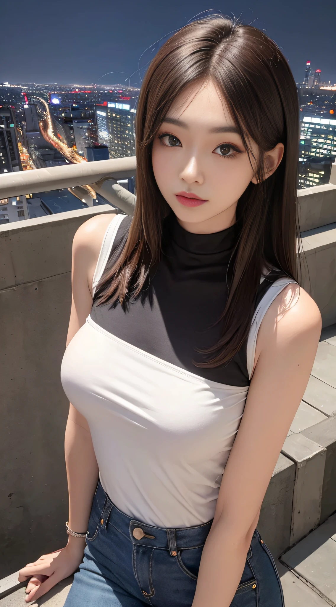 ((Midnight, Best quality, 8k, Masterpiece :1.3)), Whole body, Long legs, Sharp focus :1.2, A pretty woman with perfect figure :1.4, Slender abs :1.1, ((Dark brown hair, Big breasts :1.2)), (White tight tshirt, Jean bib, Standing:1.2), ((Night city view, Rooftop:1.3)), Highly detailed face and skin texture, Detailed eyes, Double eyelid