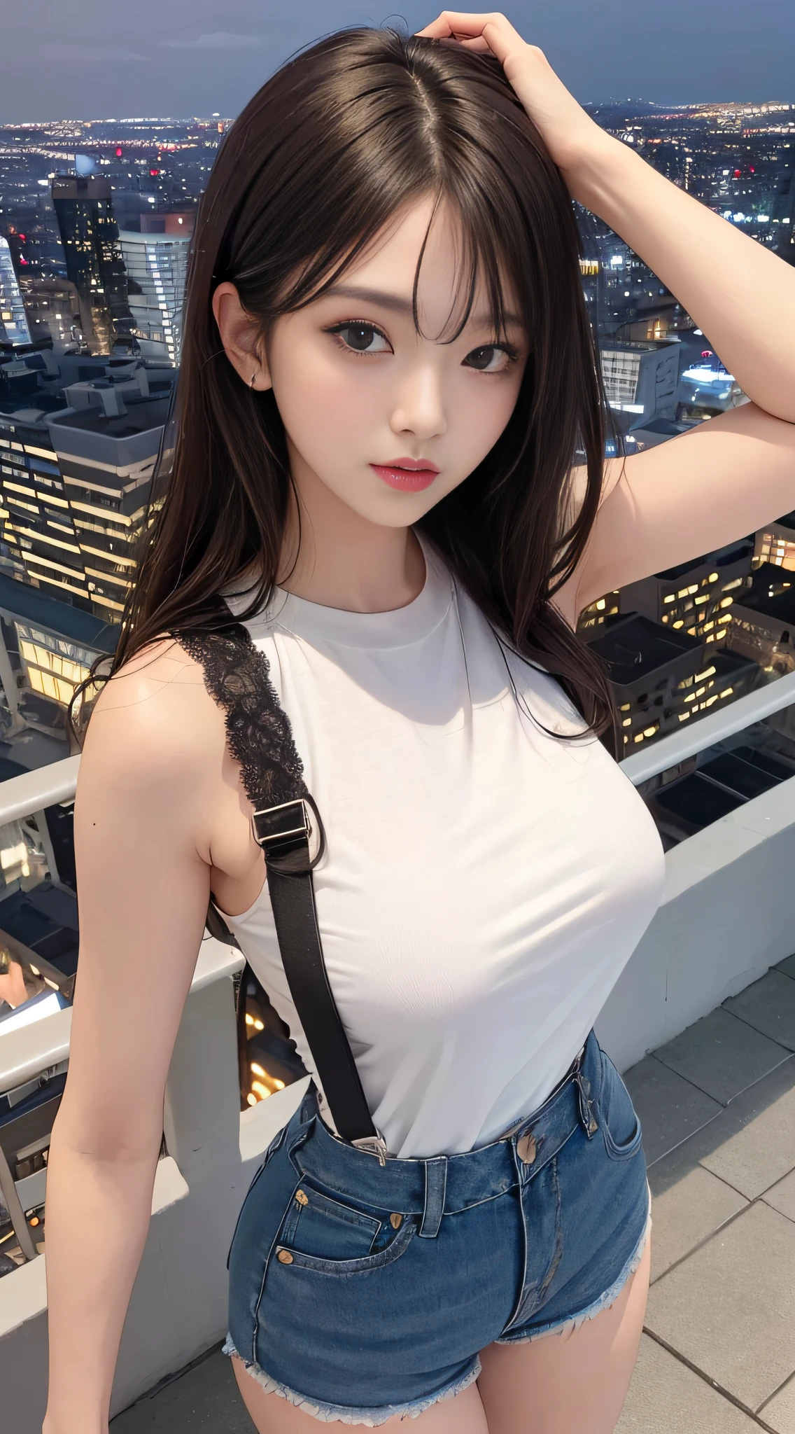 ((Midnight, Best quality, 8k, Masterpiece :1.3)), Whole body, Long legs, Sharp focus :1.2, A pretty woman with perfect figure :1.4, Slender abs :1.1, ((Dark brown hair, Big breasts :1.2)), (White tight tshirt, Jean bib, Standing:1.2), ((Night city view, Rooftop:1.3)), Highly detailed face and skin texture, Detailed eyes, Double eyelid