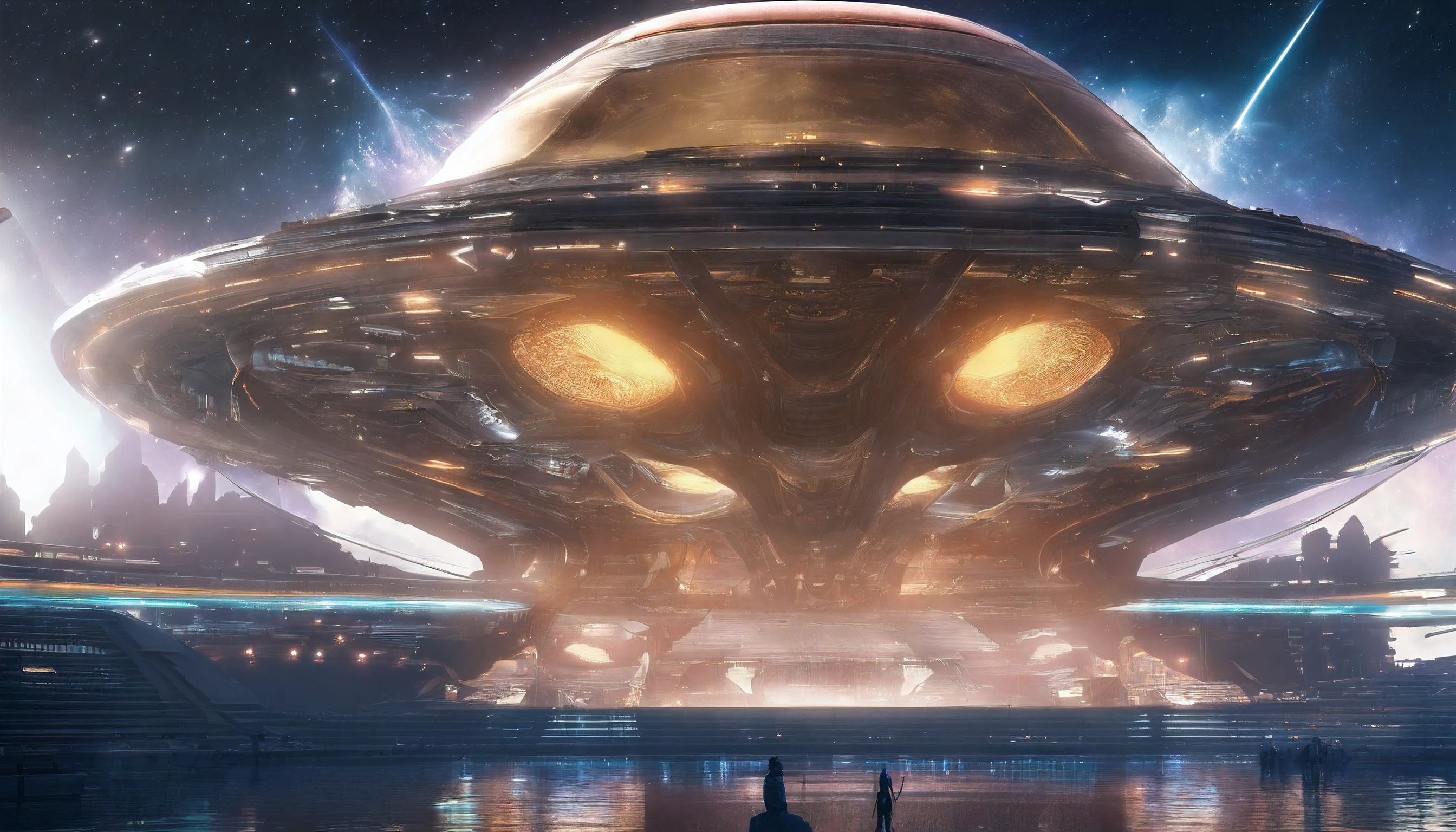 Huge alien mothership,Extreme light and shadow,Ultimate texture,Super refined,The details stand out,The golden light is dazzling,sci-fy,Extreme shadows,Super textured,8k
