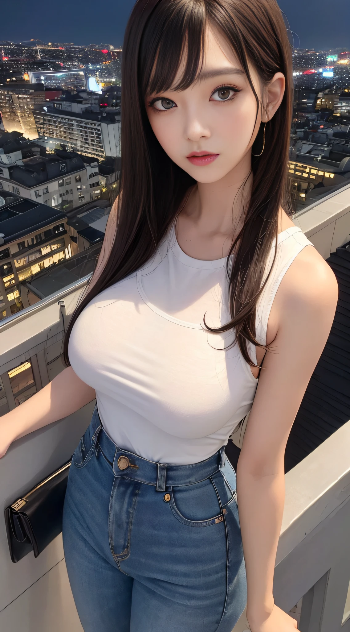 best quality, Reality, 8K, high resolution, 1 Girl, Miss, (Skin dentition), (portrait:0.6), Gorgeous, ((cityscape e background:1.6)), ((smallsize round breast, Jeans and sleeveless white T-shirt:1.98)), looking directly at the viewer:1.8, (1 Girl eyes looking at viewer, medium length hair,  brown hair, Pad bangs:1.65), Reality, (Bokeh), (Shut up:1.46), Gorgeous, (((Large Breasts、Breast sagging、Low-cut，Cleavage ，Wide hips,)))((Long legs)),Hourglass figure)),