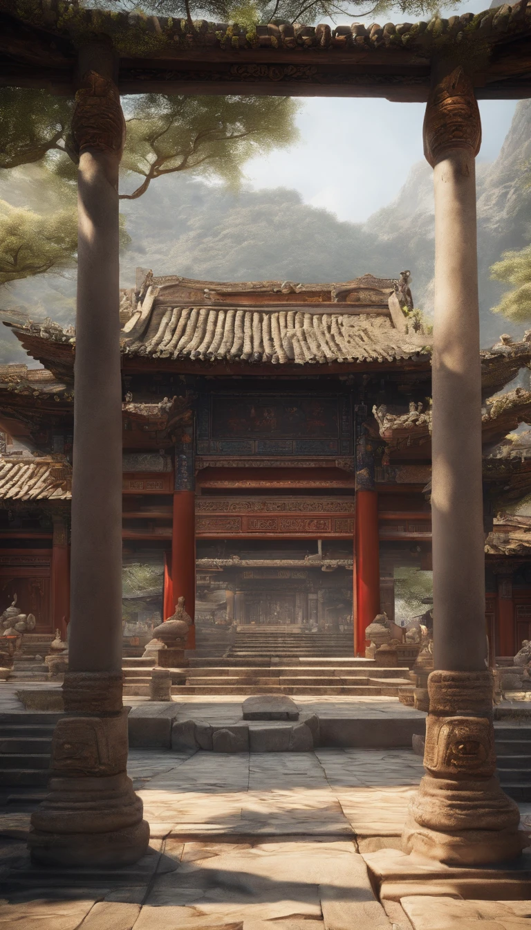 Quaint Han Dynasty style temple,Monks meditate in front of the temple(closeup cleavage),Meditate,zazen,A meditative(Chinese landscape painting),(ink and watercolor painting),(8k wallpaper),(light and shadow effect),rendering by octane,White balance design,Extremely detailed picture depiction,wide angles,depth of fields,tmasterpiece,realisticlying,Beautifully depicted,A detailed,acurate,Works of masters,tmasterpiece