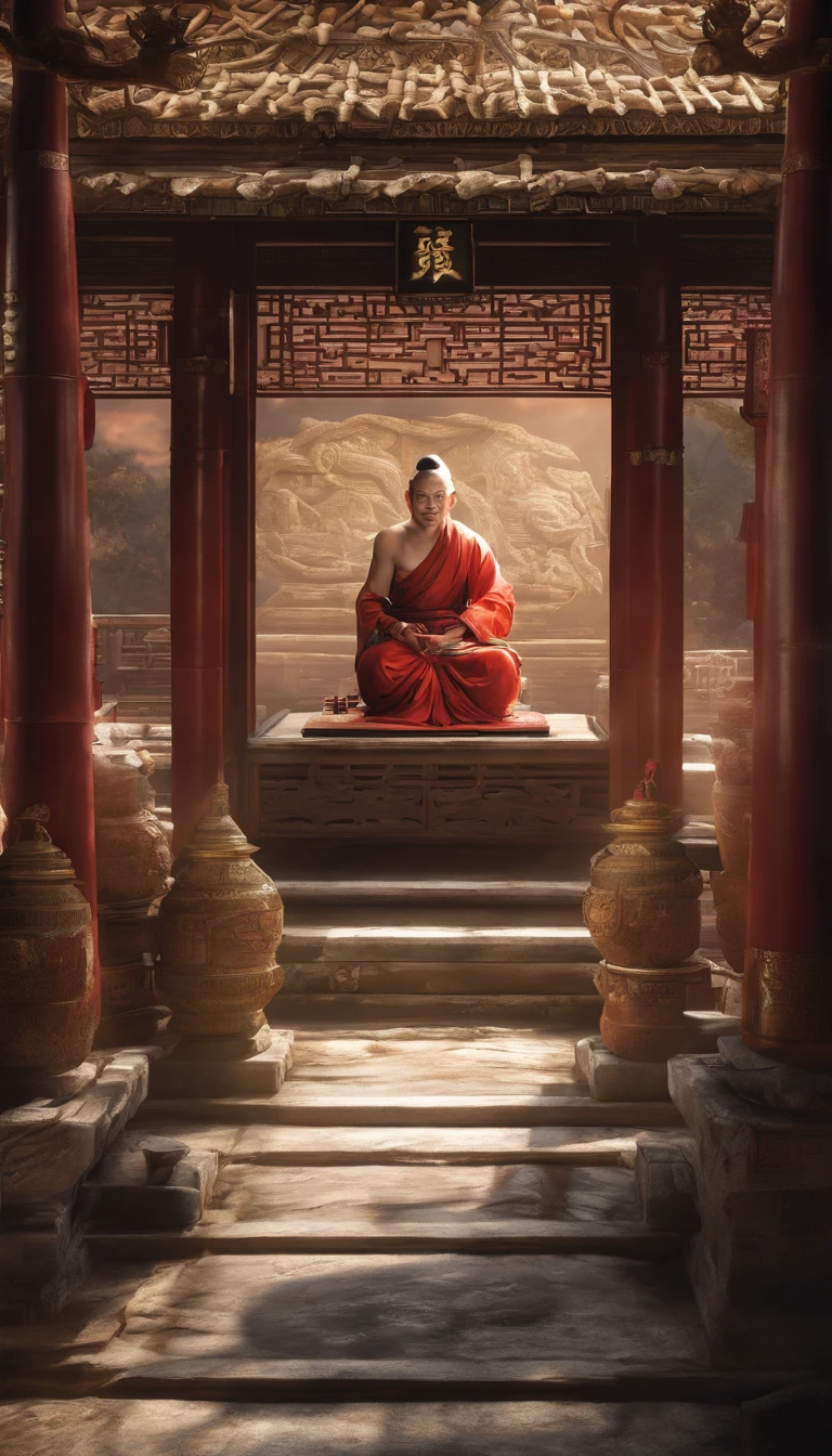 Quaint Han Dynasty style temple，Monks meditate in front of the temple（closeup cleavage），Meditate，zazen，A meditative（Chinese landscape painting），（ink and watercolor painting），（8k wallpaper），（light and shadow effect），rendering by octane，White balance design，Extremely detailed picture depiction，wide angles，depth of fields，tmasterpiece，realisticlying，Beautifully depicted，A detailed，acurate，Works of masters，tmasterpiece