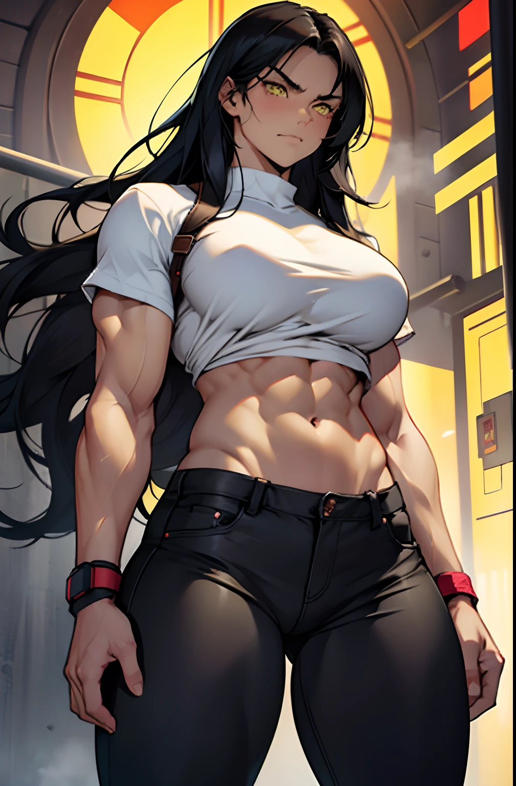 1 girl, black hair, extremely long hair, large breasts, (muscular), thick thighs, tight shirt, tight pants, solo, yellow eyes, navel, abs, angry