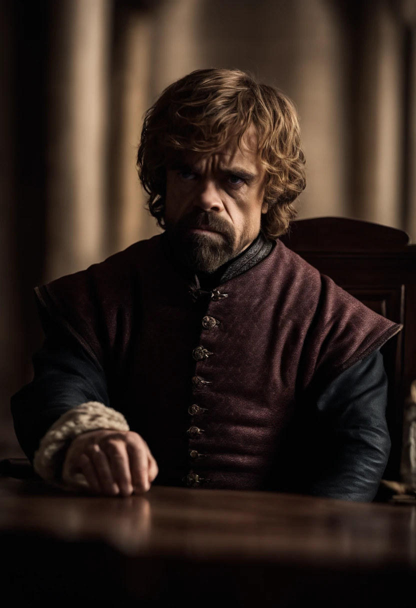 Tyrion Lannister sentado, olhando para frente e conversando com o o bservador