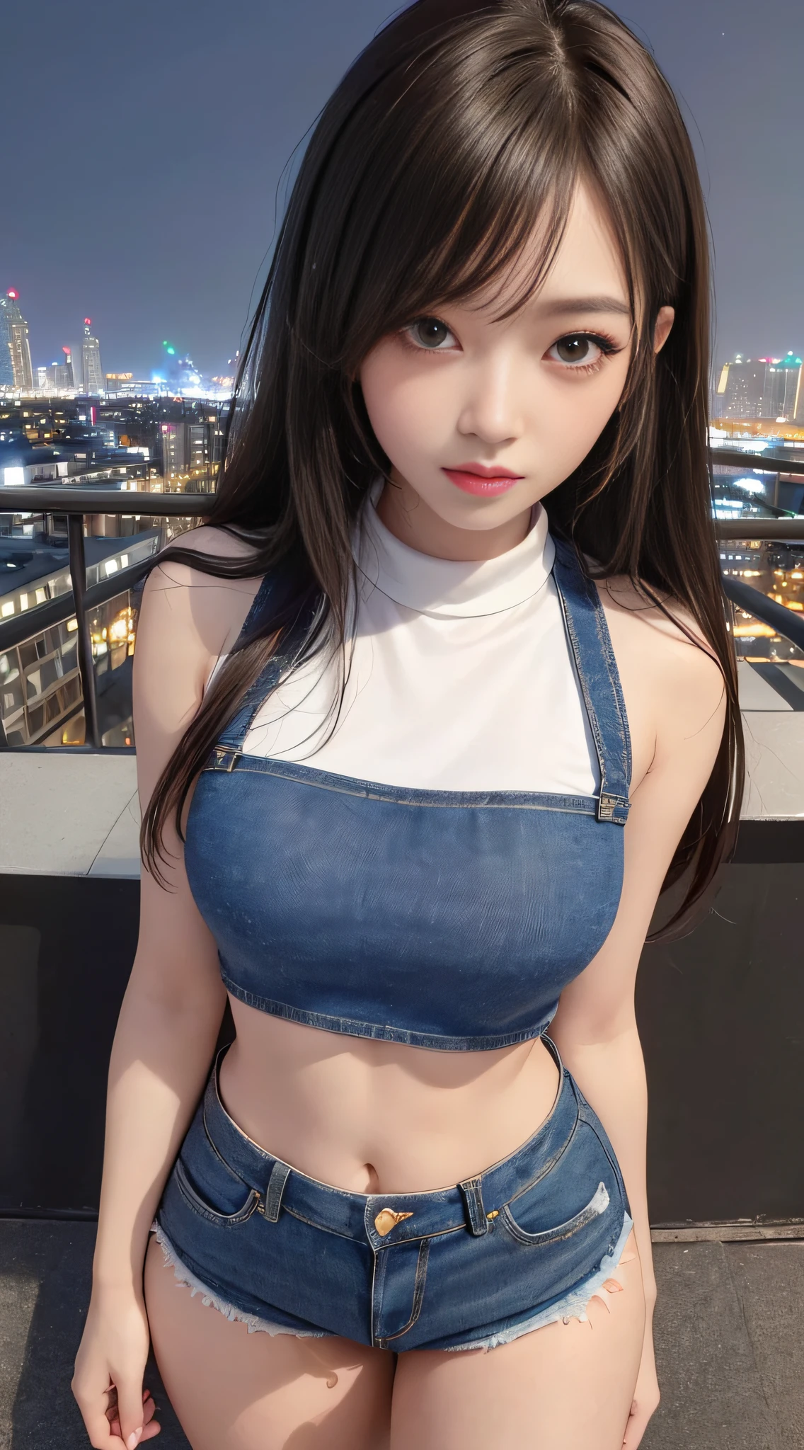 ((Midnight, Best quality, 8k, Masterpiece :1.3)), Whole body, Long legs, Sharp focus :1.2, A pretty woman with perfect figure :1.4, Slender abs :1.1, ((Dark brown hair, Big breasts :1.2)), (White tight tshirt, Jean bib, Standing:1.2), ((Night city view, Rooftop:1.3)), Highly detailed face and skin texture, Detailed eyes, Double eyelid