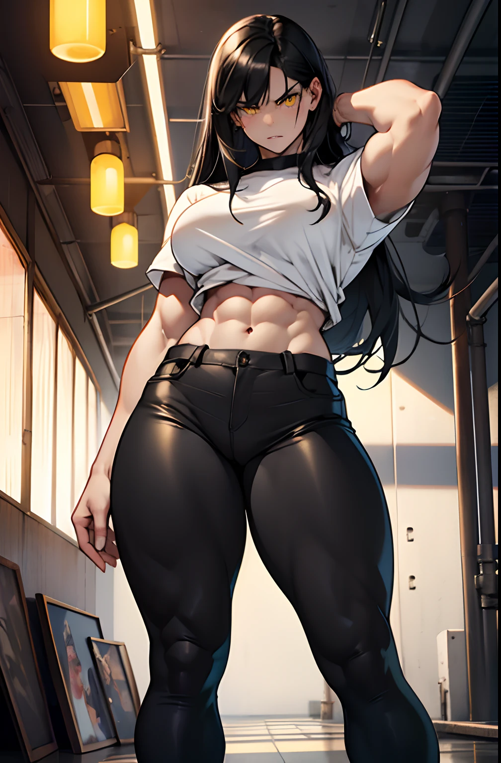 1 girl, solo, black, hair, extremely long hair, yellow eyes, angry, large breasts, thick thighs, curvy, wide hips, muscular, toned body, (tight long sleeve shirt), (tight pants), navel, abs, concrete, pale skin
