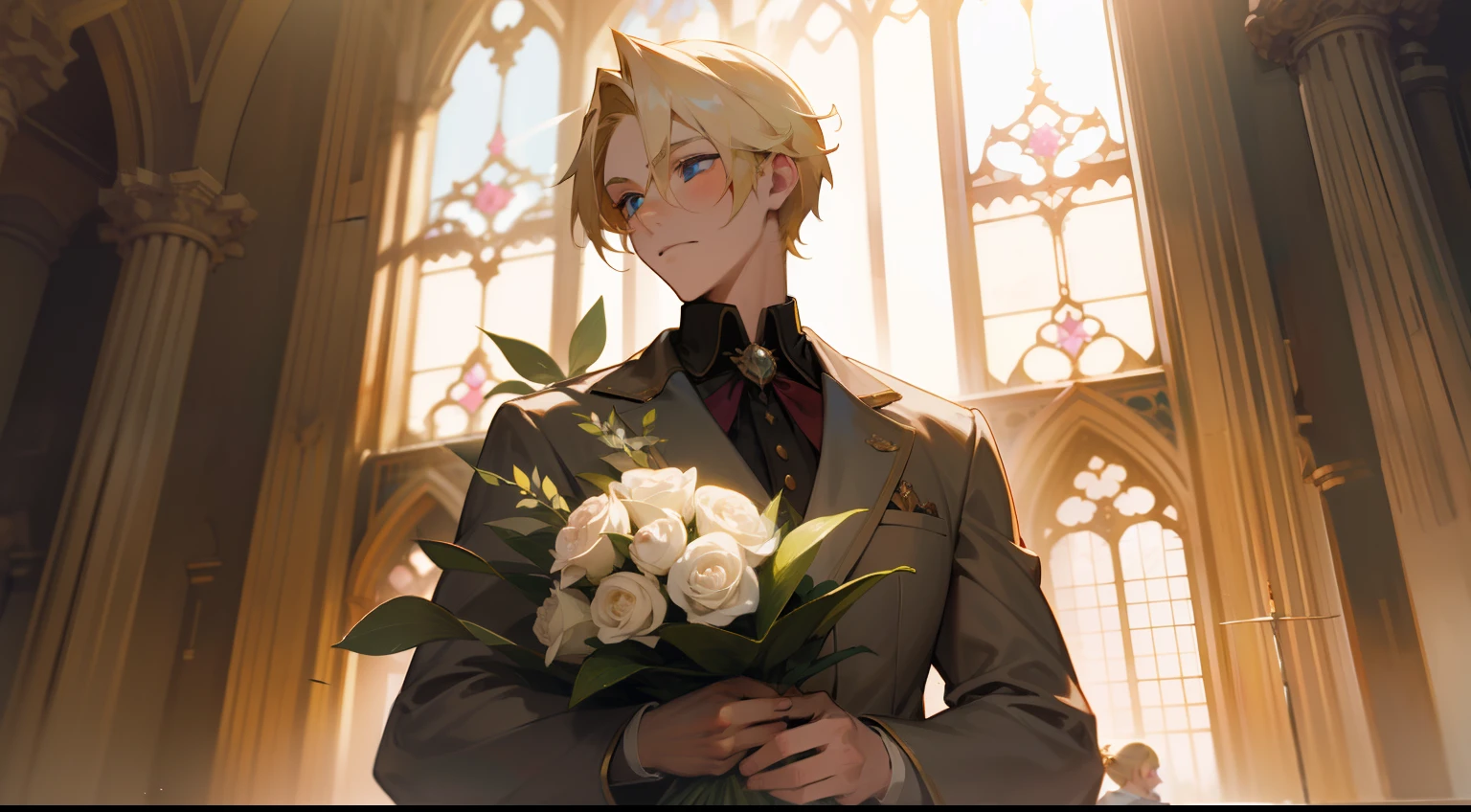 Anime character holding a bouquet of flowers in front of a stained ...