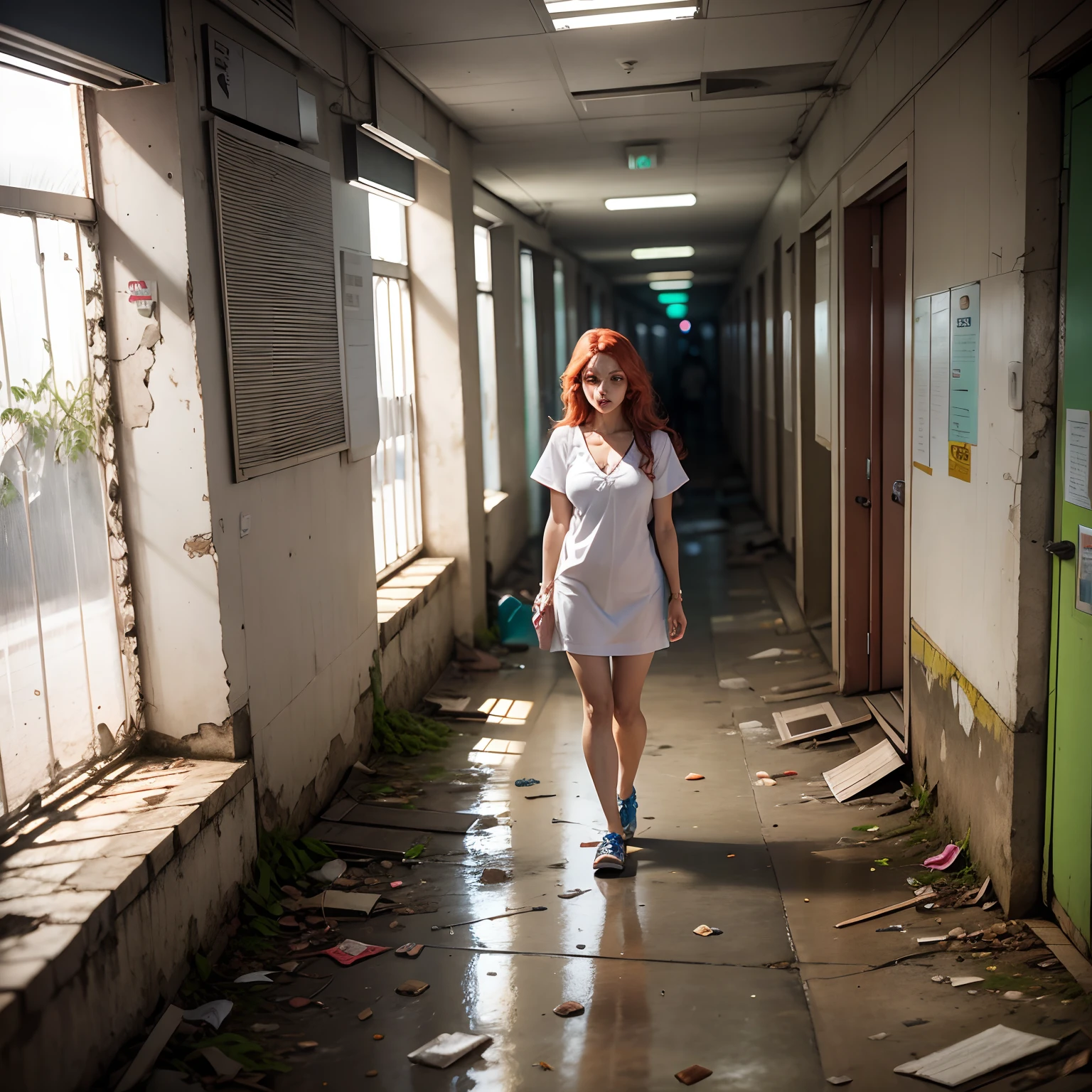 mulher, ruiva, triste sentada no centro de uma sala abandonada de um hospital